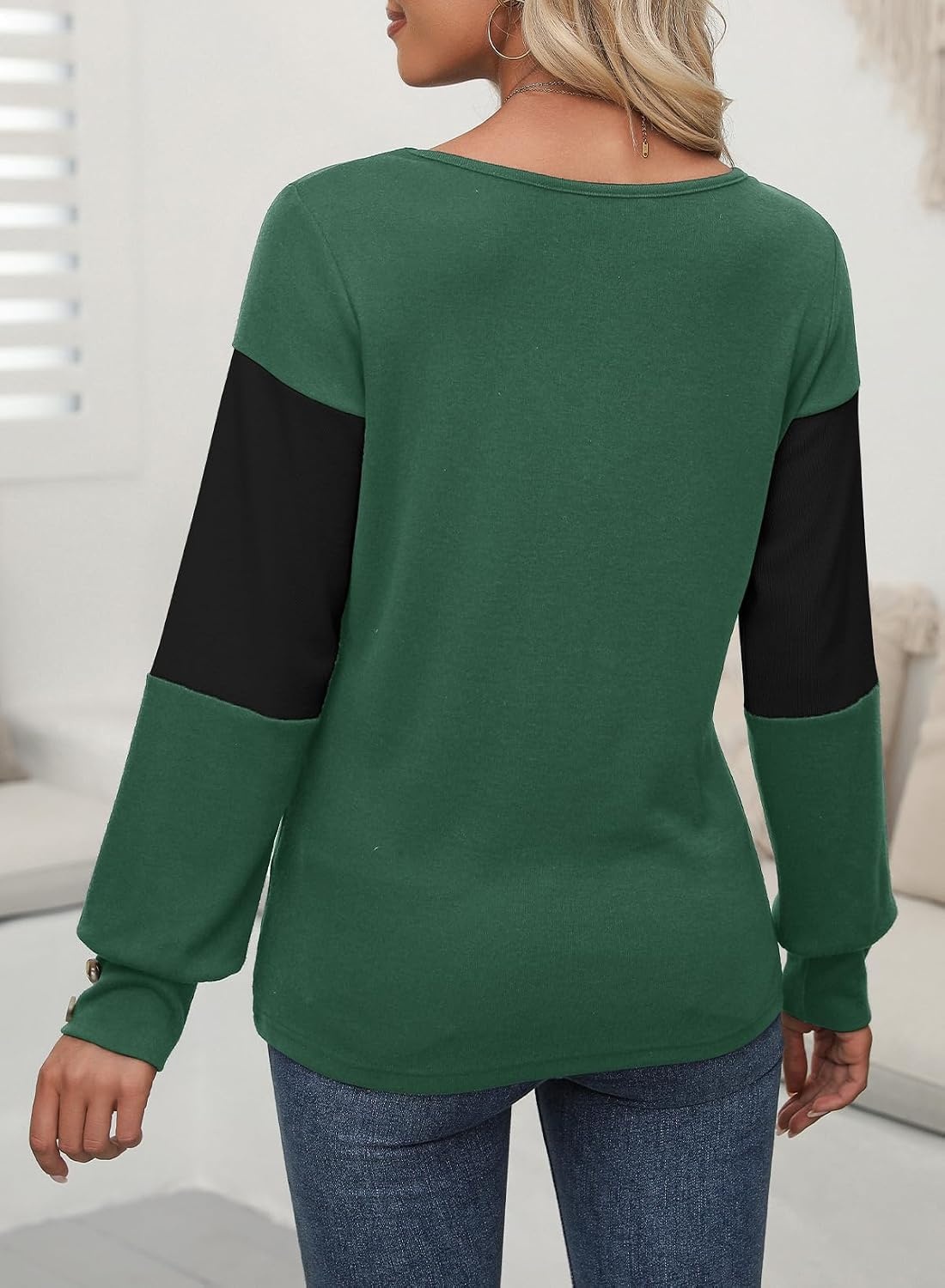 image:imageDokotoo Womens Long Sleeve Tops V Neck Color Block Pullover Casual SweaterBlackish Green