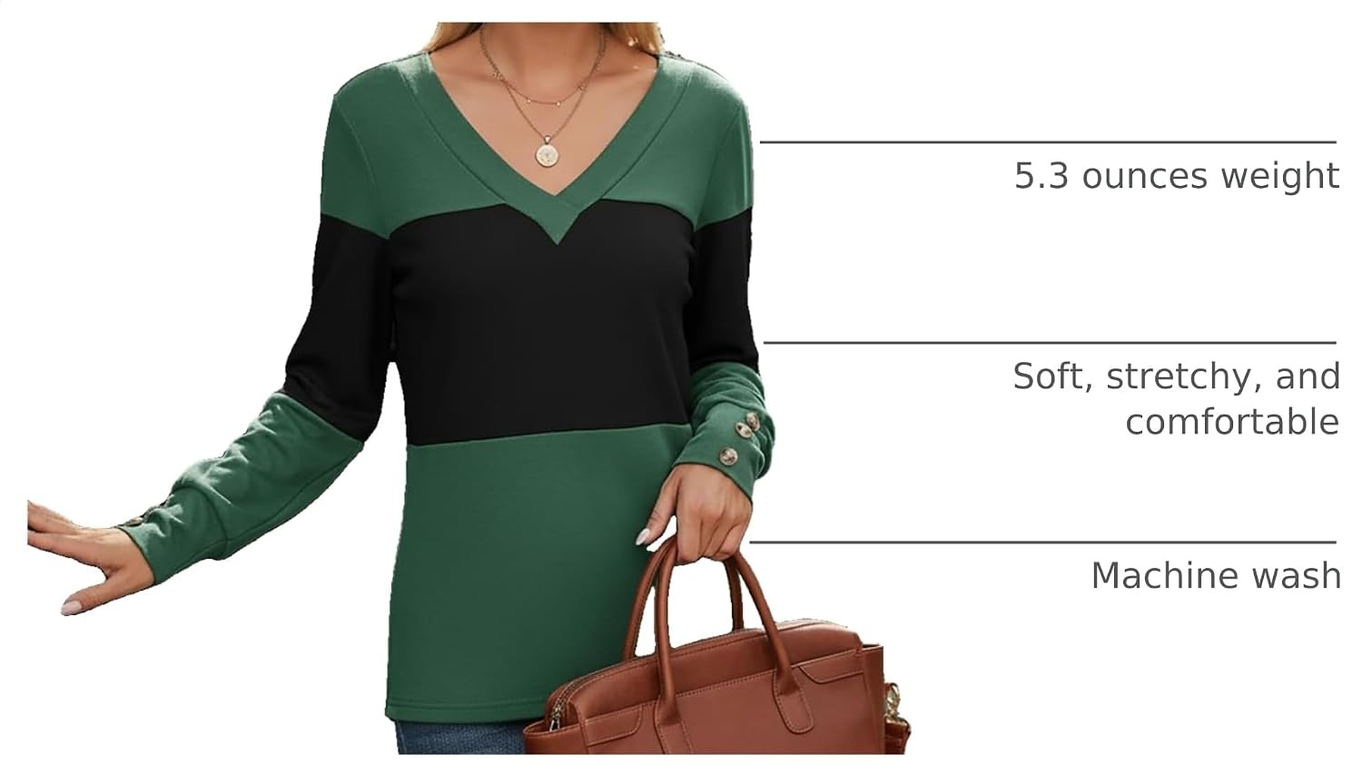 image:imageDokotoo Womens Long Sleeve Tops V Neck Color Block Pullover Casual SweaterBlackish Green