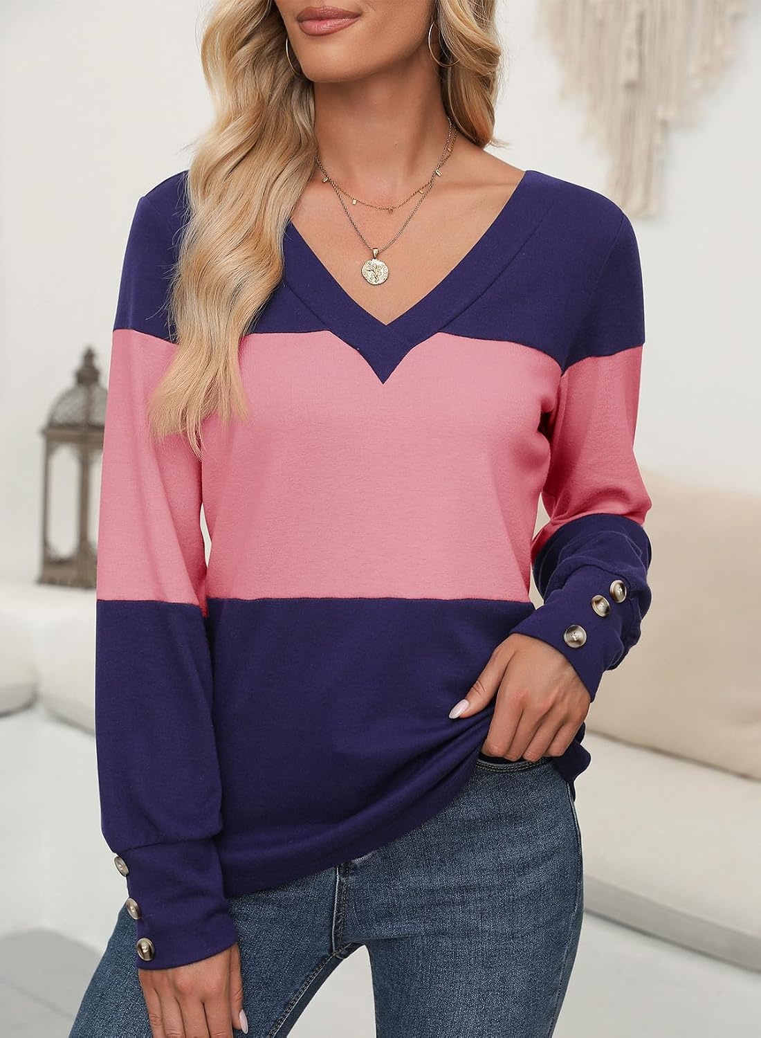 image:imageDokotoo Womens Long Sleeve Tops V Neck Color Block Pullover Casual SweaterBlue Stripe