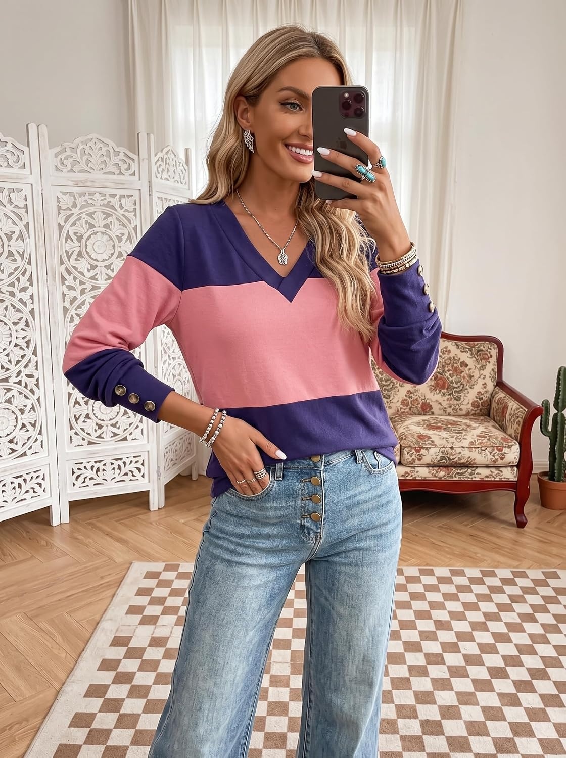 image:imageDokotoo Womens Long Sleeve Tops V Neck Color Block Pullover Casual SweaterBlue Stripe