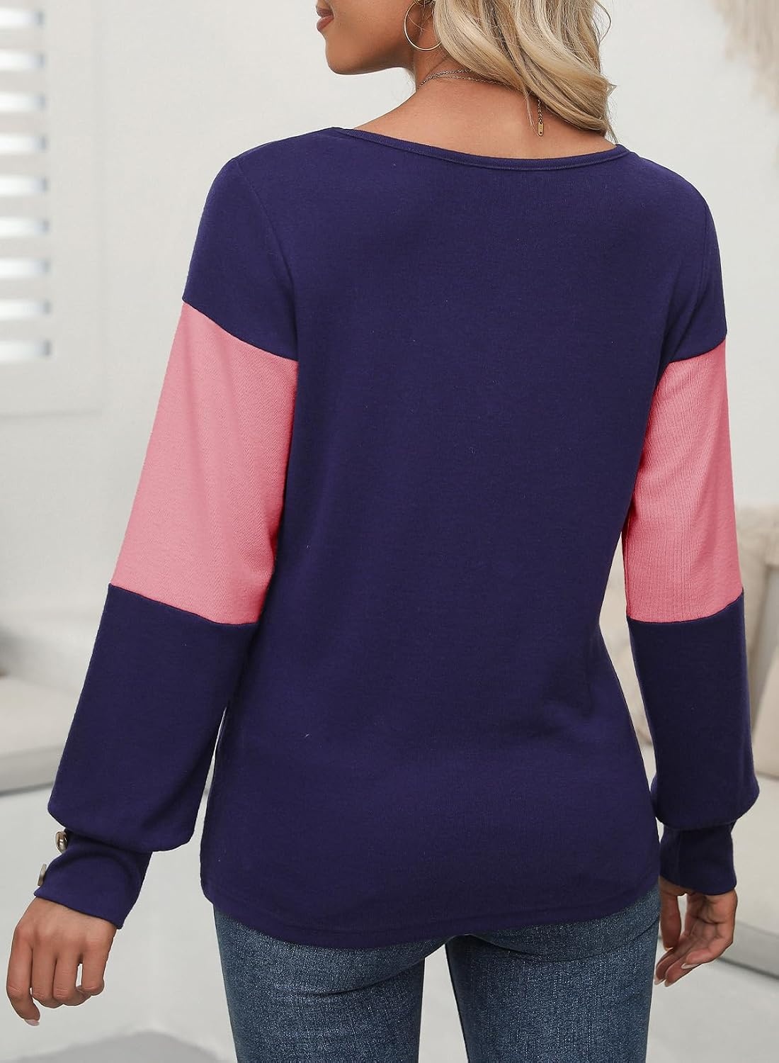 image:imageDokotoo Womens Long Sleeve Tops V Neck Color Block Pullover Casual SweaterBlue Stripe