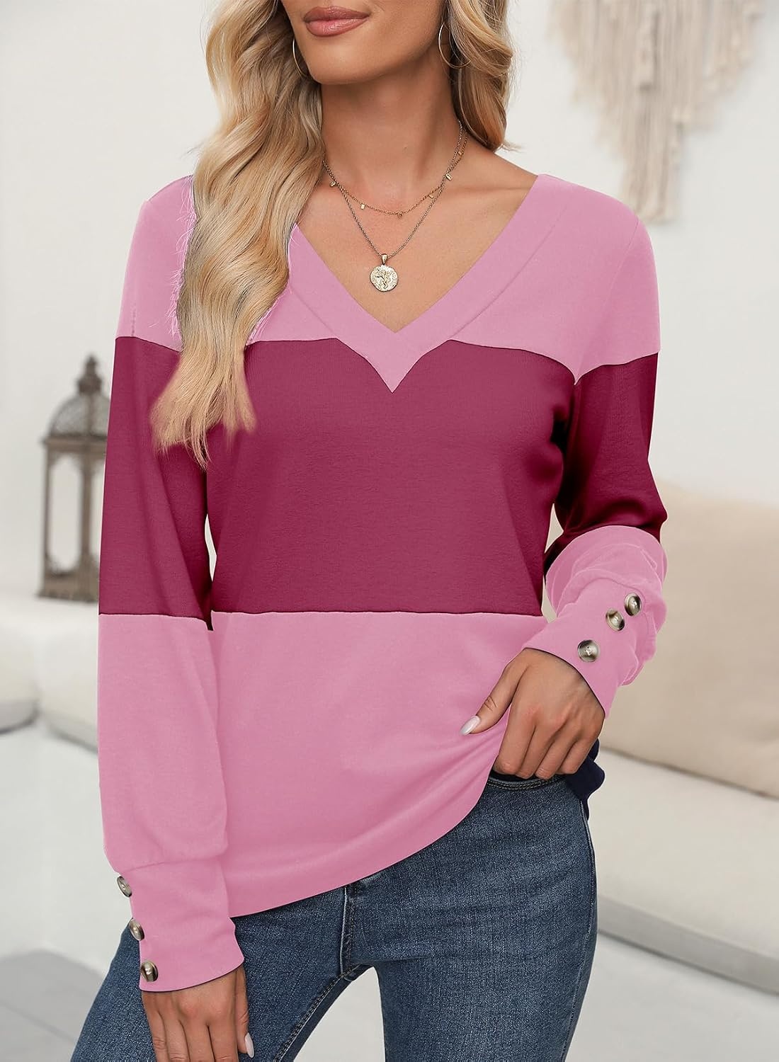 image:imageDokotoo Womens Long Sleeve Tops V Neck Color Block Pullover Casual SweaterBonbon