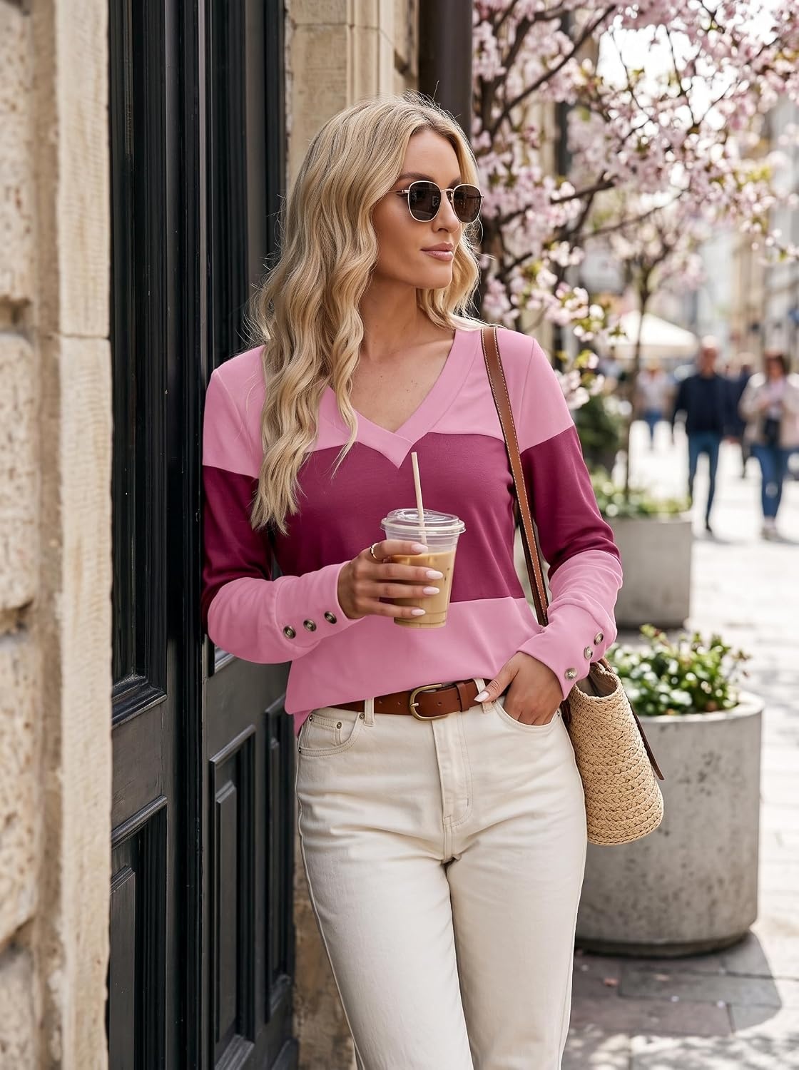 image:imageDokotoo Womens Long Sleeve Tops V Neck Color Block Pullover Casual SweaterBonbon