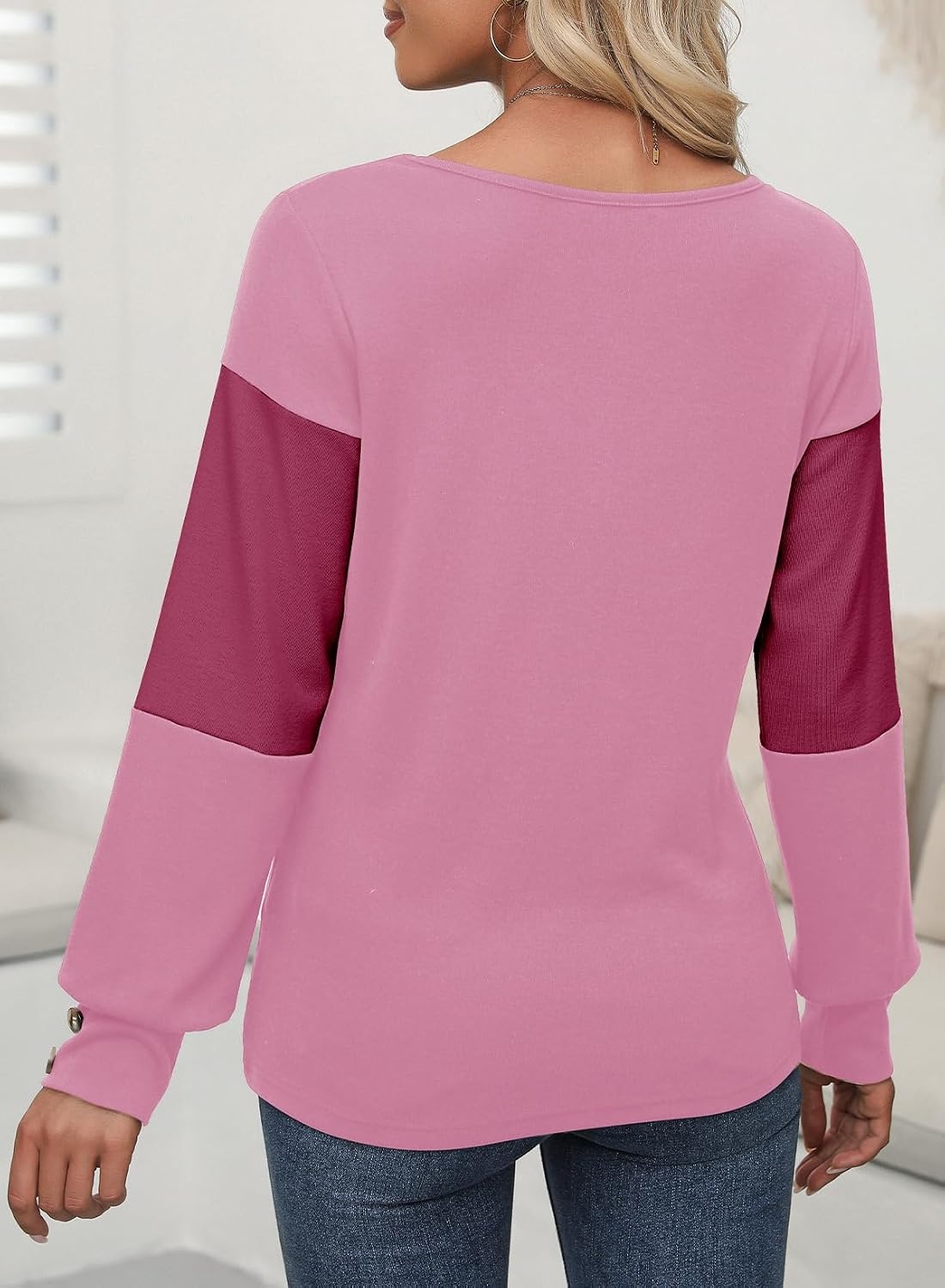 image:imageDokotoo Womens Long Sleeve Tops V Neck Color Block Pullover Casual SweaterBonbon