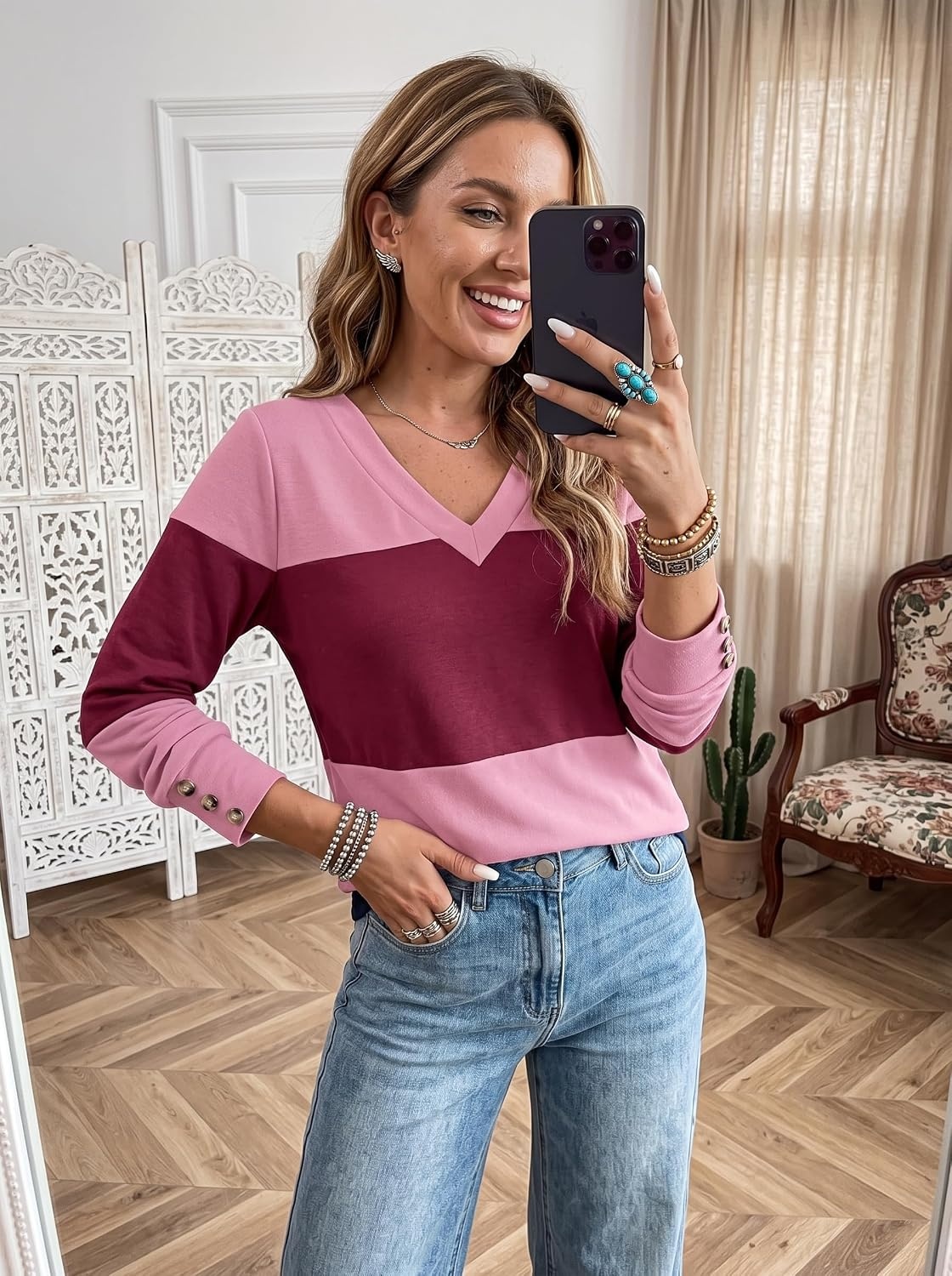 image:imageDokotoo Womens Long Sleeve Tops V Neck Color Block Pullover Casual SweaterBonbon