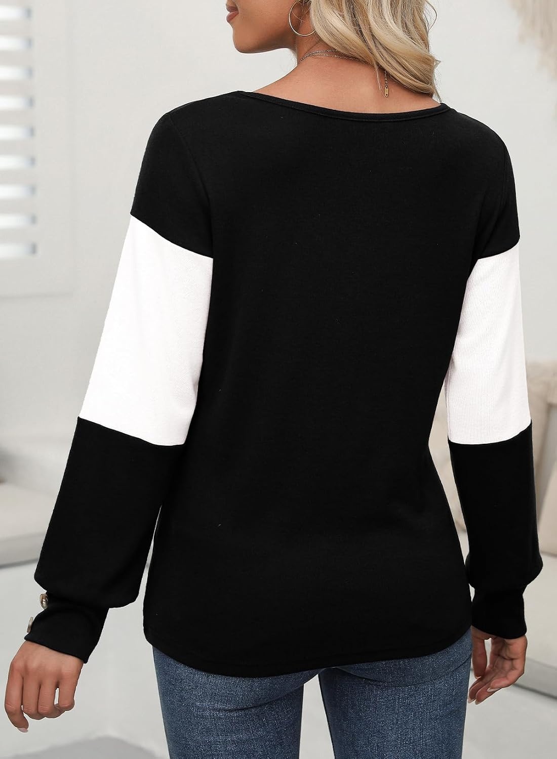 image:imageDokotoo Womens Long Sleeve Tops V Neck Color Block Pullover Casual SweaterColor Black