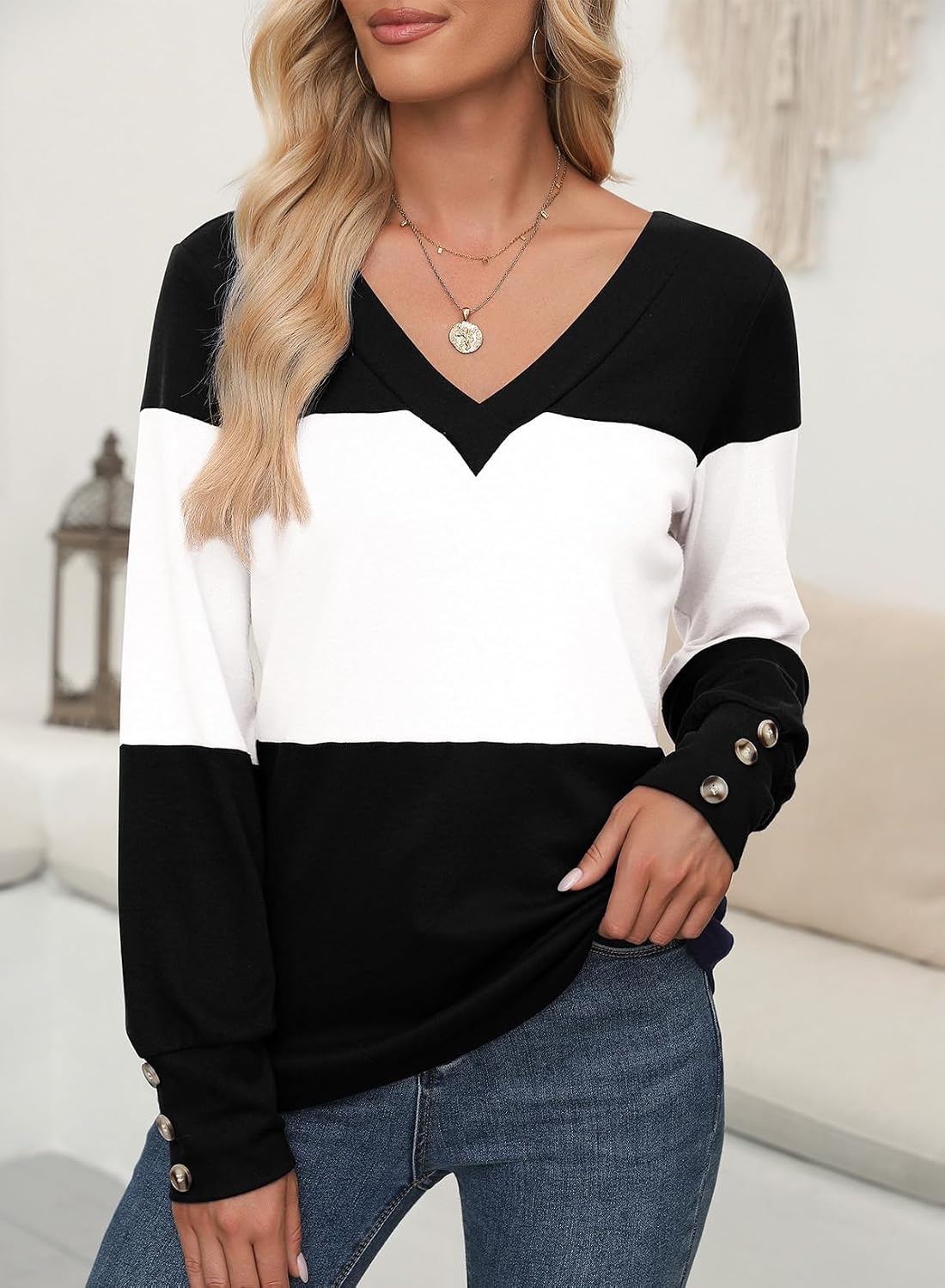 image:imageDokotoo Womens Long Sleeve Tops V Neck Color Block Pullover Casual SweaterColor Black