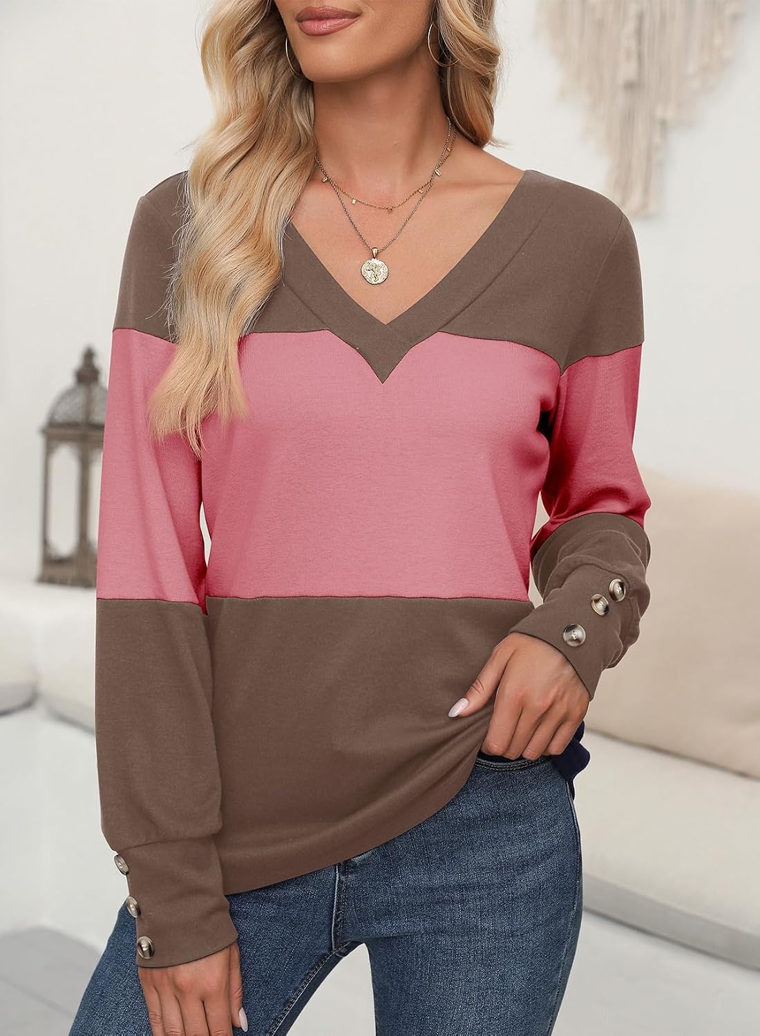 image:imageDokotoo Womens Long Sleeve Tops V Neck Color Block Pullover Casual SweaterDesert Palm