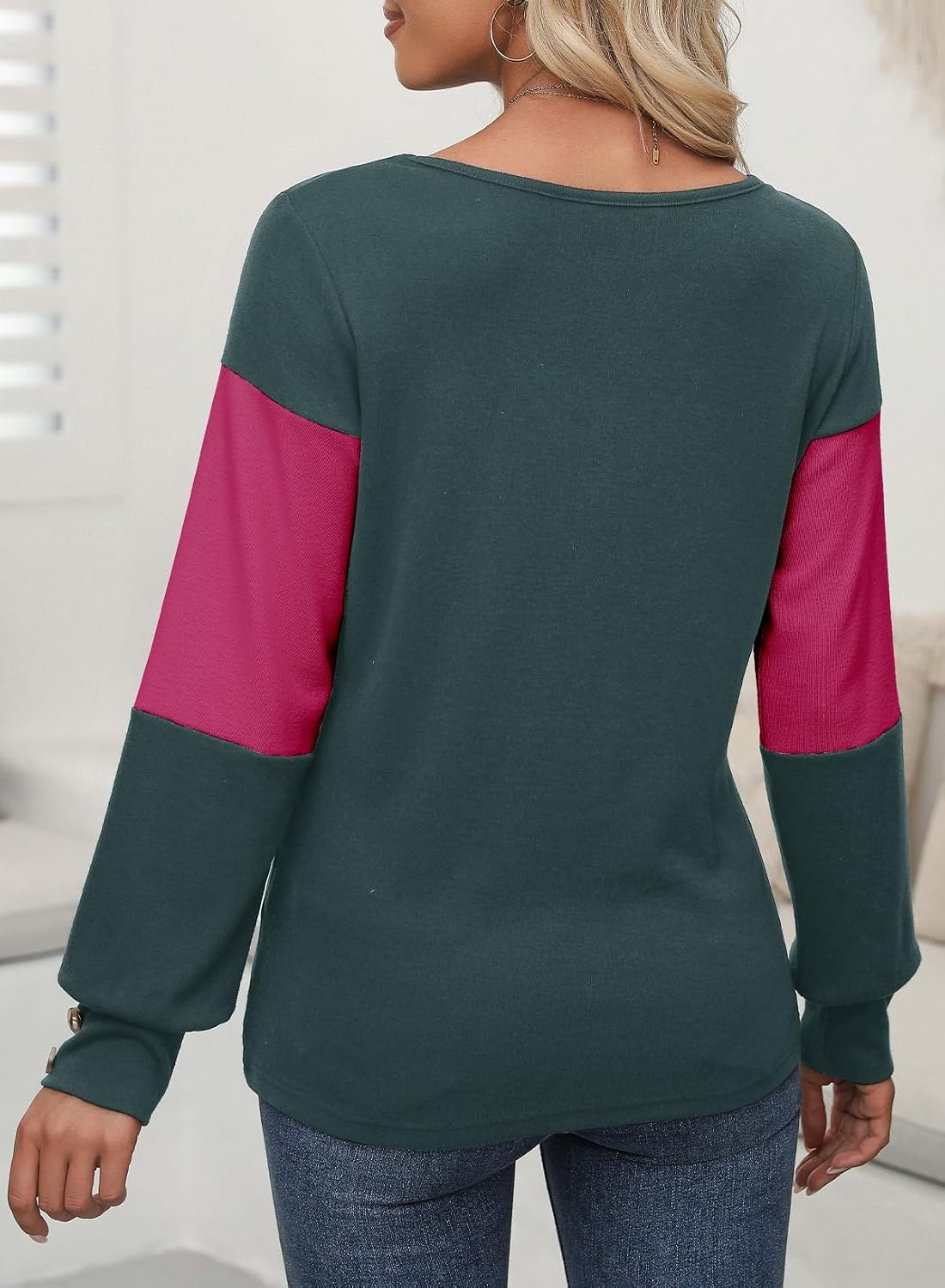 image:imageDokotoo Womens Long Sleeve Tops V Neck Color Block Pullover Casual SweaterEvergreen