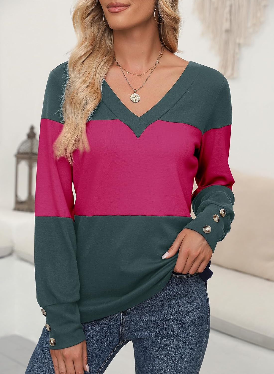 image:imageDokotoo Womens Long Sleeve Tops V Neck Color Block Pullover Casual SweaterEvergreen