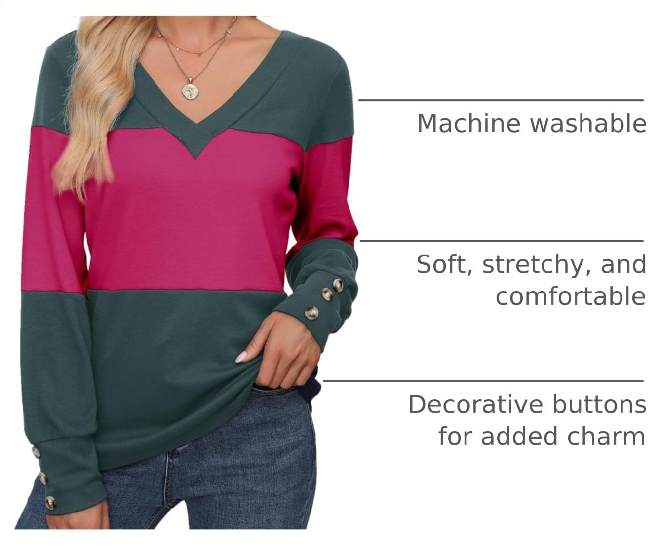image:imageDokotoo Womens Long Sleeve Tops V Neck Color Block Pullover Casual SweaterEvergreen