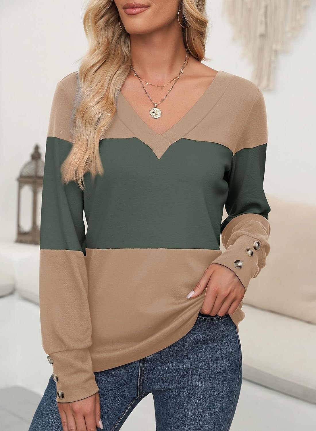 image:imageDokotoo Womens Long Sleeve Tops V Neck Color Block Pullover Casual SweaterFour Leaf Clover