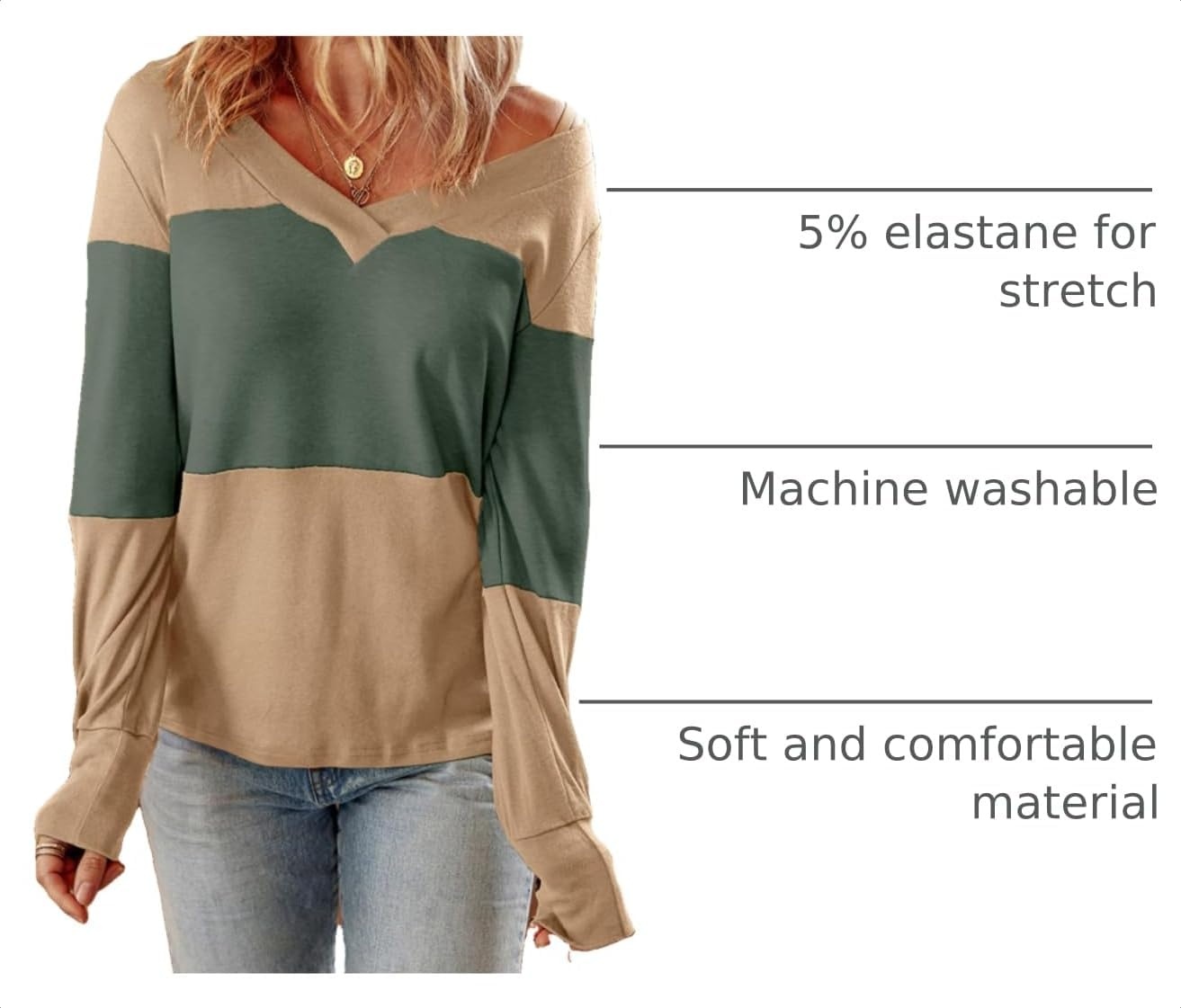 image:imageDokotoo Womens Long Sleeve Tops V Neck Color Block Pullover Casual SweaterFour Leaf Clover