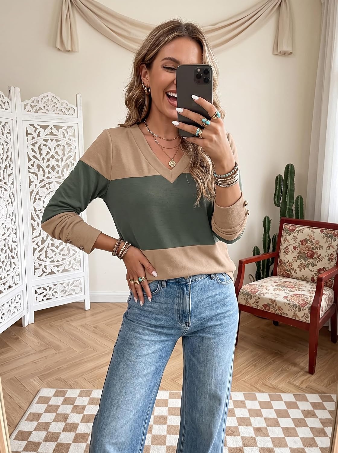 image:imageDokotoo Womens Long Sleeve Tops V Neck Color Block Pullover Casual SweaterFour Leaf Clover
