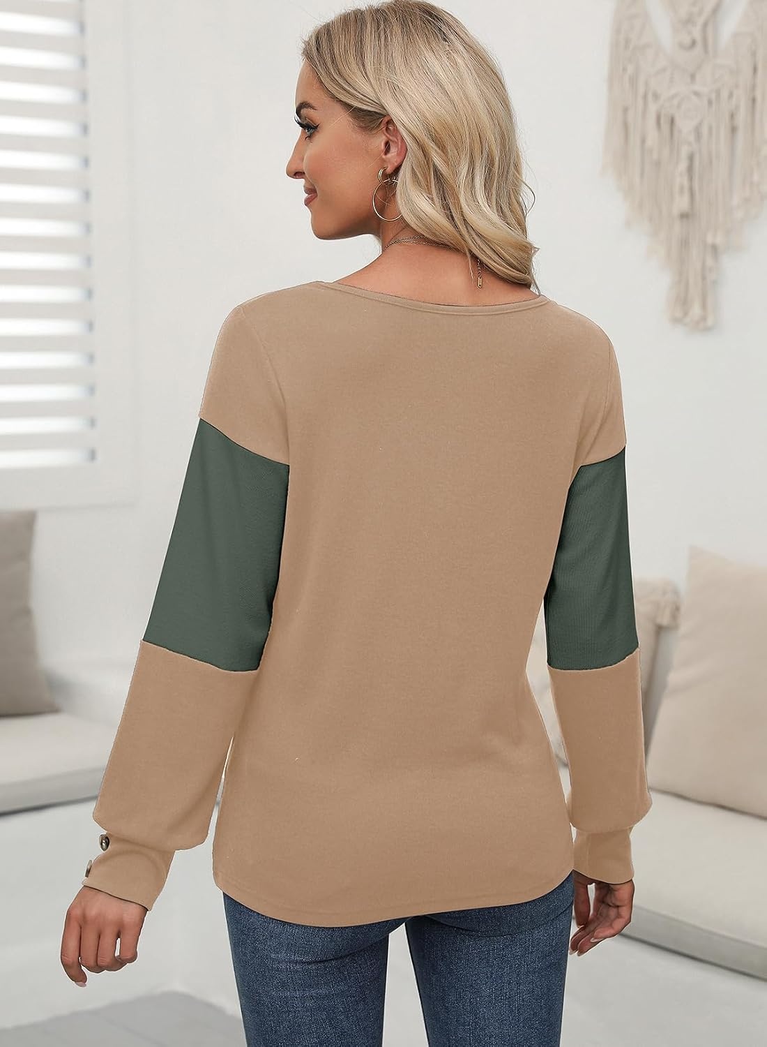 image:imageDokotoo Womens Long Sleeve Tops V Neck Color Block Pullover Casual SweaterFour Leaf Clover