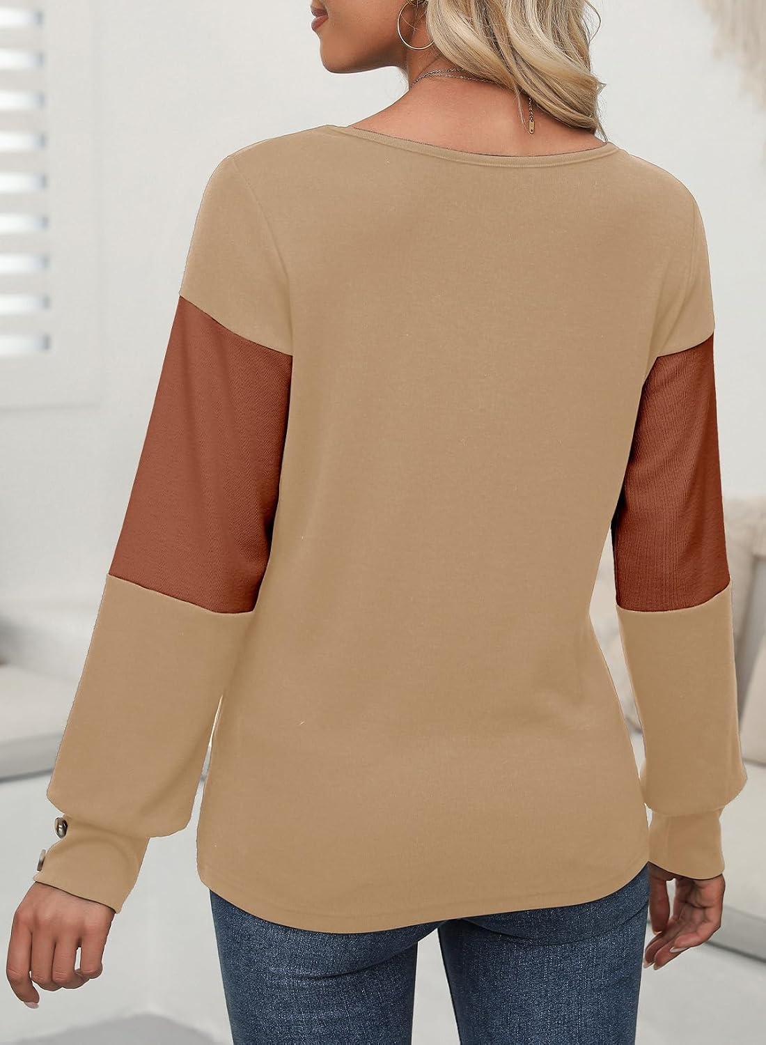 image:imageDokotoo Womens Long Sleeve Tops V Neck Color Block Pullover Casual SweaterLight French Beige