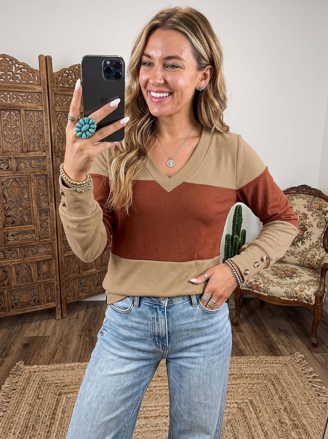 image:imageDokotoo Womens Long Sleeve Tops V Neck Color Block Pullover Casual SweaterLight French Beige