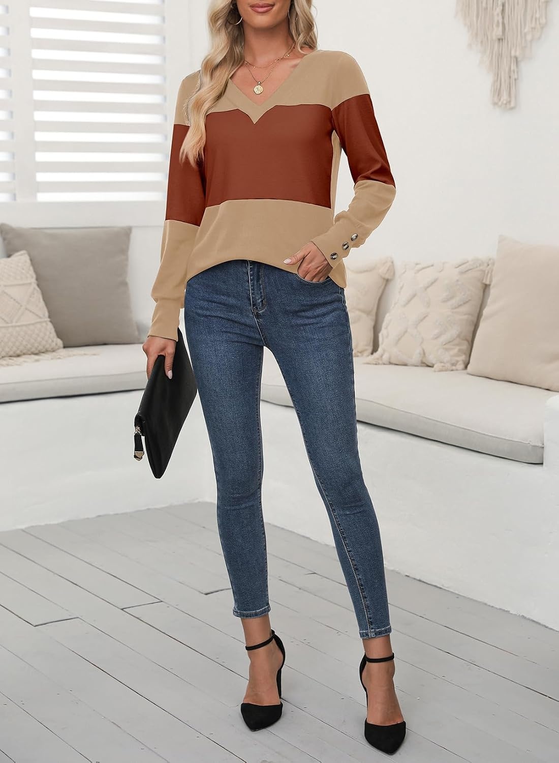 image:imageDokotoo Womens Long Sleeve Tops V Neck Color Block Pullover Casual SweaterLight French Beige