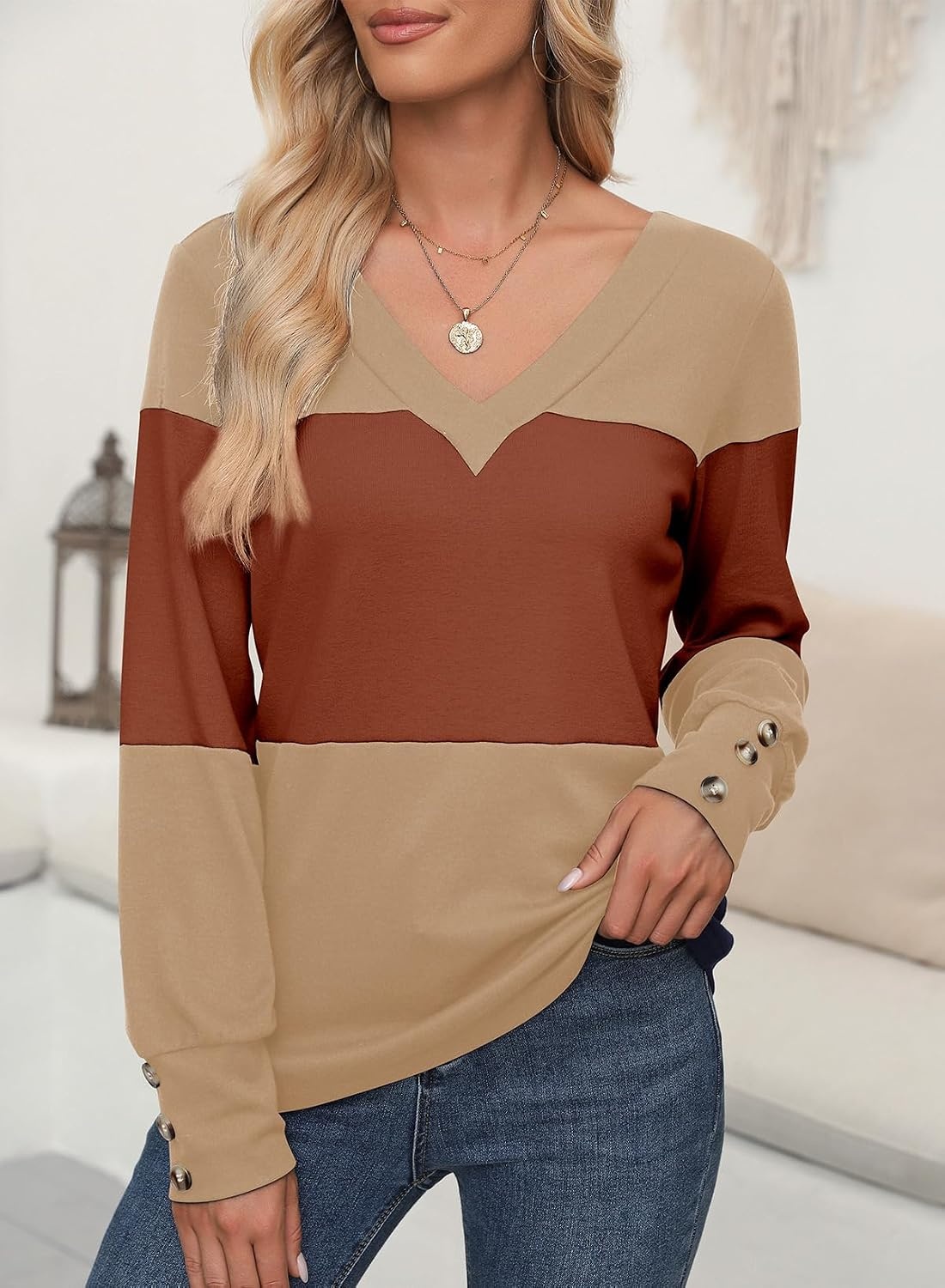 image:imageDokotoo Womens Long Sleeve Tops V Neck Color Block Pullover Casual SweaterLight French Beige
