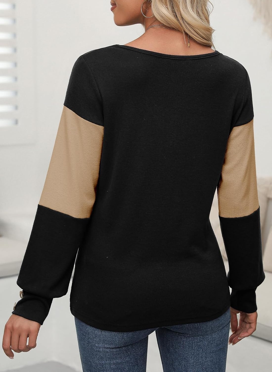 image:imageDokotoo Womens Long Sleeve Tops V Neck Color Block Pullover Casual SweaterParchment