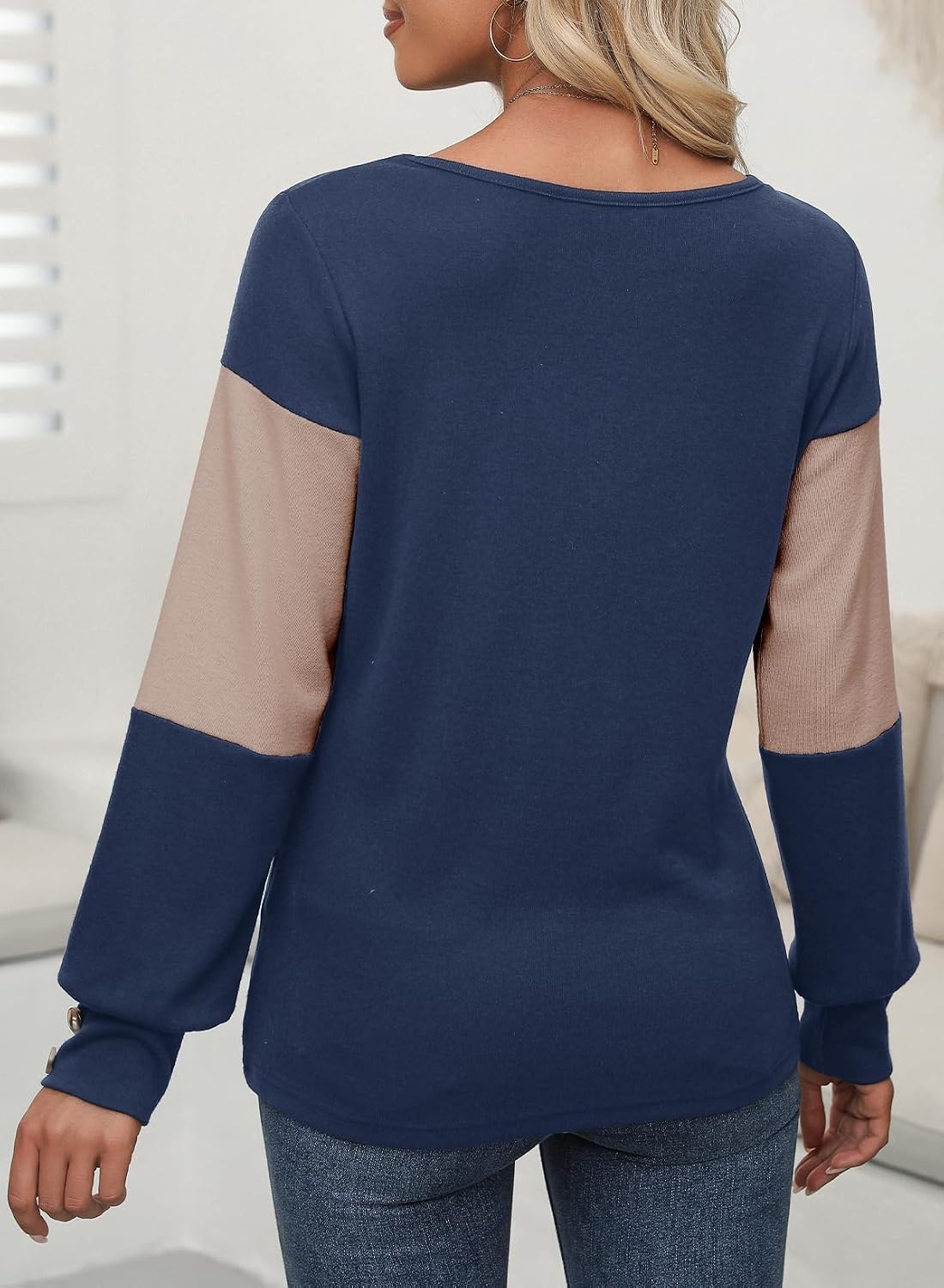 image:imageDokotoo Womens Long Sleeve Tops V Neck Color Block Pullover Casual SweaterSail Blue
