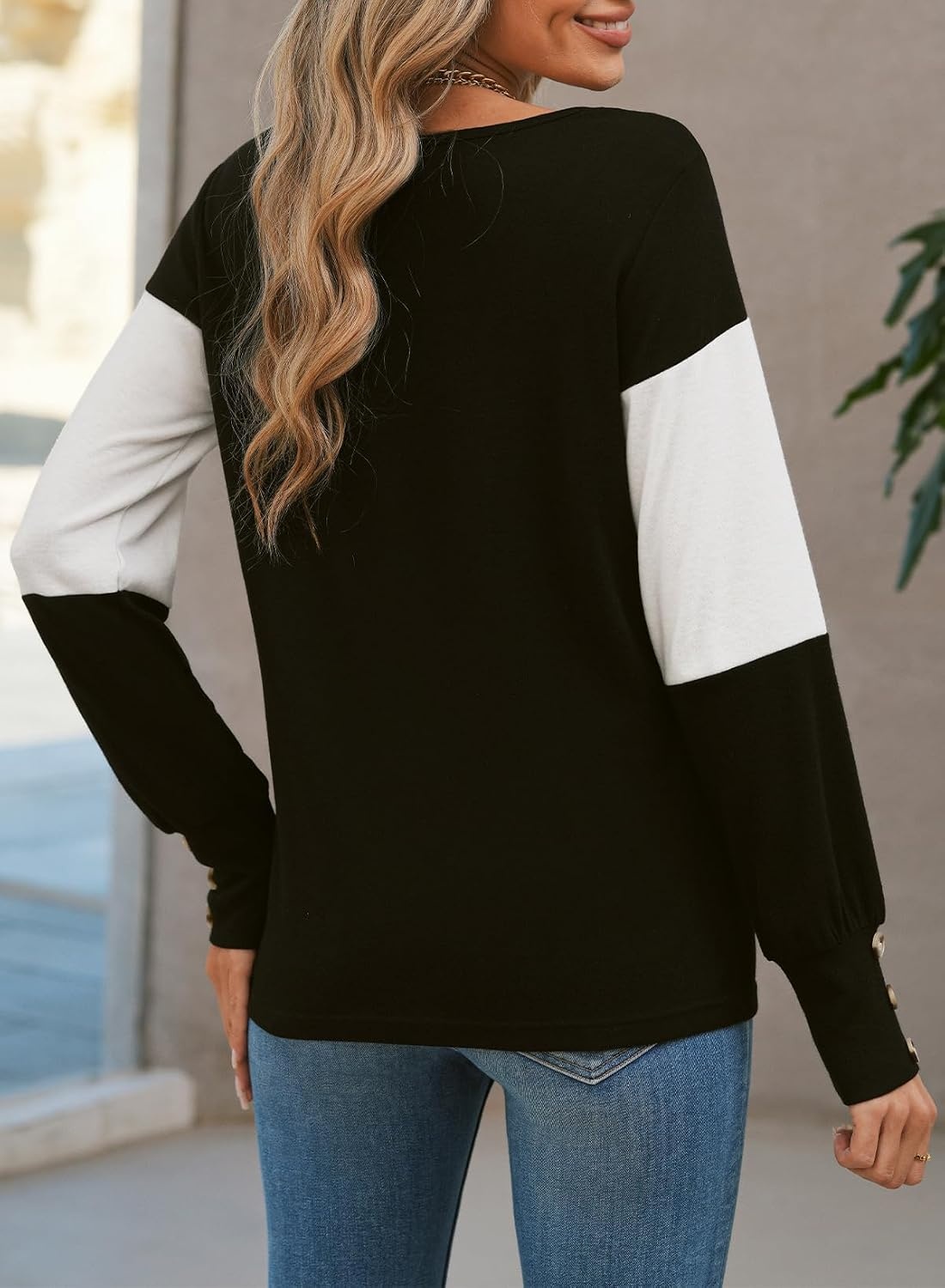 image:imageDokotoo Womens Long Sleeve Tops V Neck Color Block Pullover Casual SweaterV1 Color Black