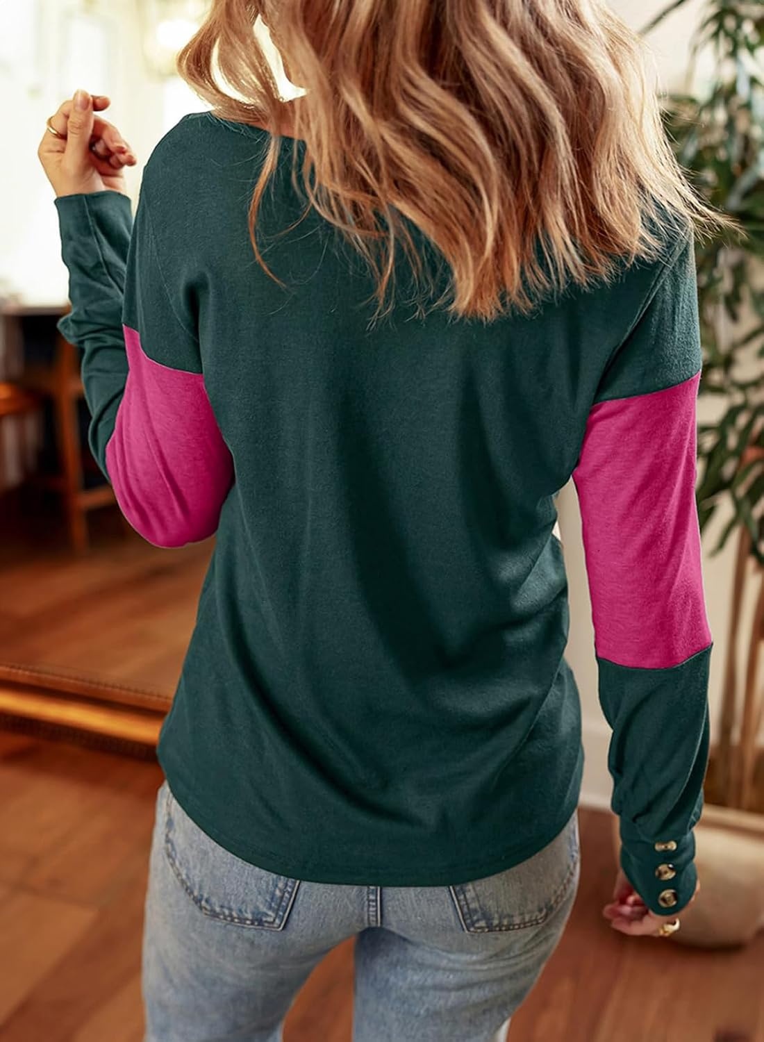 image:imageDokotoo Womens Long Sleeve Tops V Neck Color Block Pullover Casual SweaterV1 Evergreen