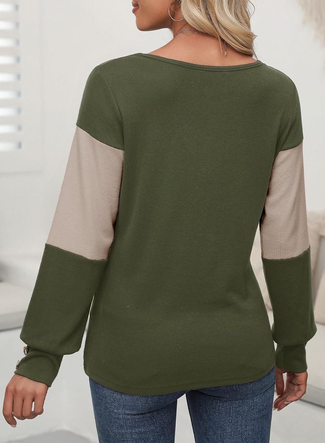 image:imageDokotoo Womens Long Sleeve Tops V Neck Color Block Pullover Casual SweaterVineyard Green