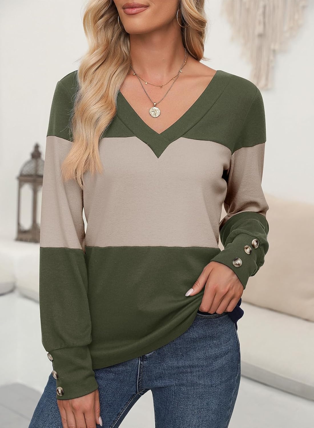 image:imageDokotoo Womens Long Sleeve Tops V Neck Color Block Pullover Casual SweaterVineyard Green