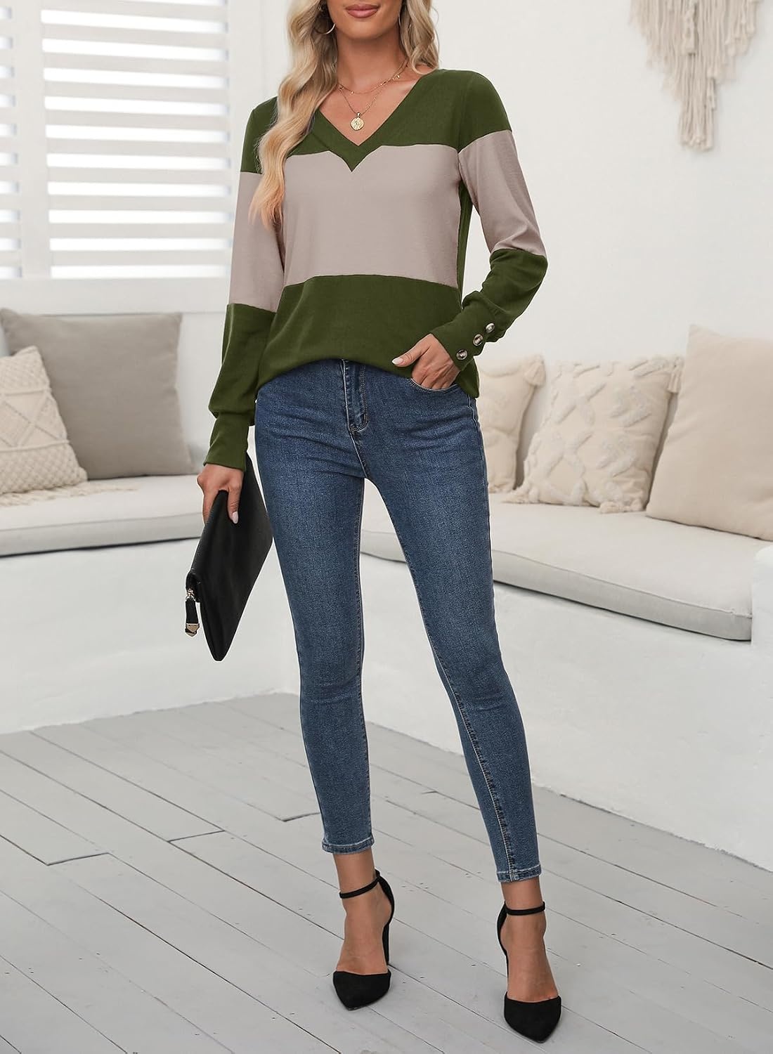image:imageDokotoo Womens Long Sleeve Tops V Neck Color Block Pullover Casual SweaterVineyard Green