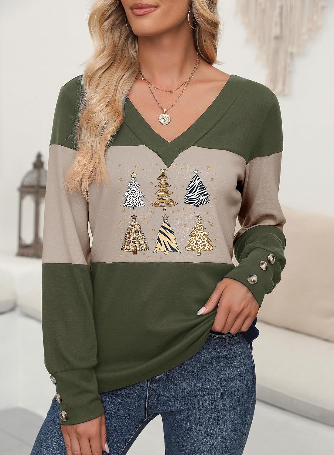 image:imageDokotoo Womens Long Sleeve Tops V Neck Color Block Pullover Casual SweaterX1 Vineyard Green