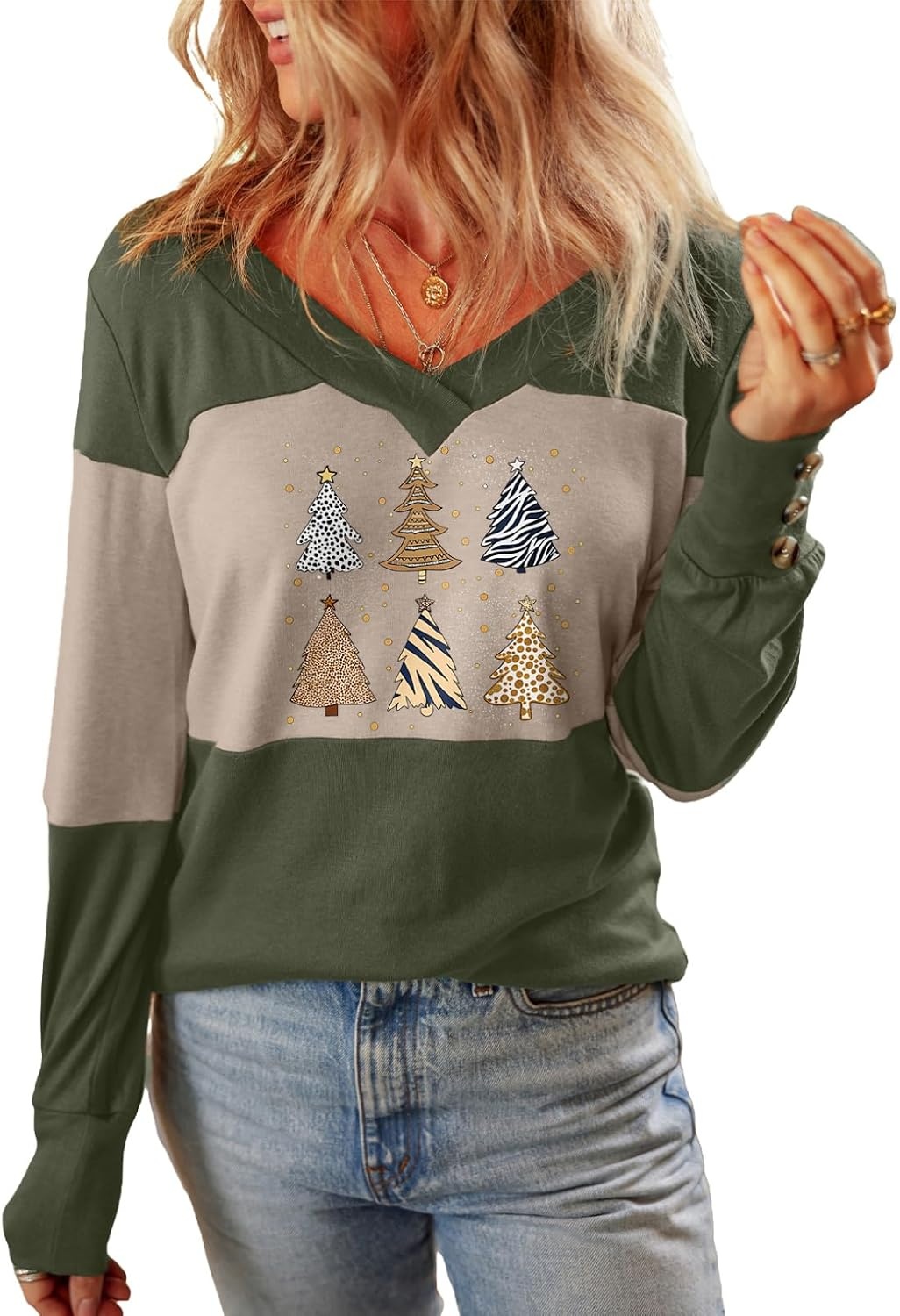 image:imageDokotoo Womens Long Sleeve Tops V Neck Color Block Pullover Casual SweaterX1 Vineyard Green
