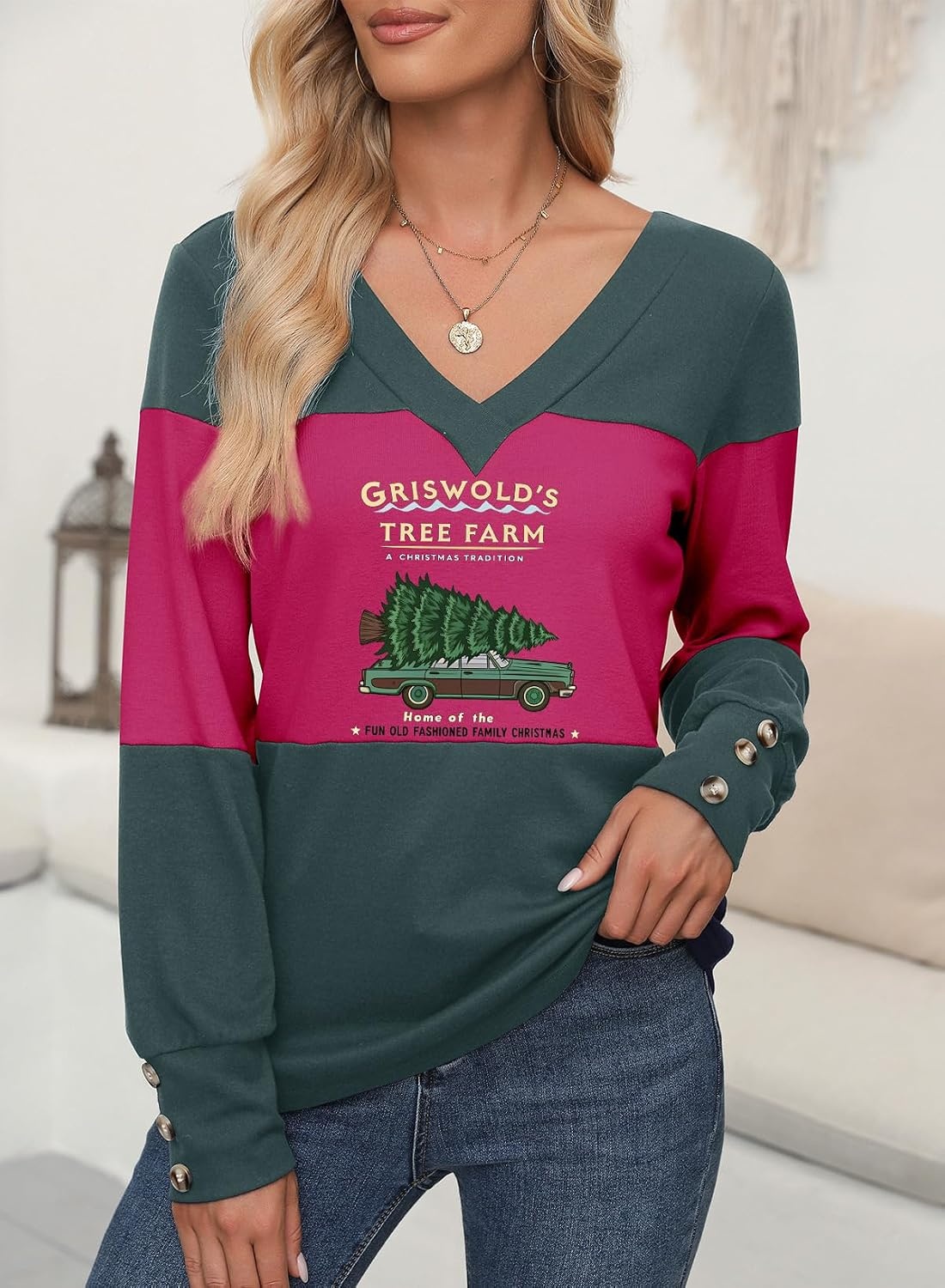 image:imageDokotoo Womens Long Sleeve Tops V Neck Color Block Pullover Casual SweaterX2 Evergreen