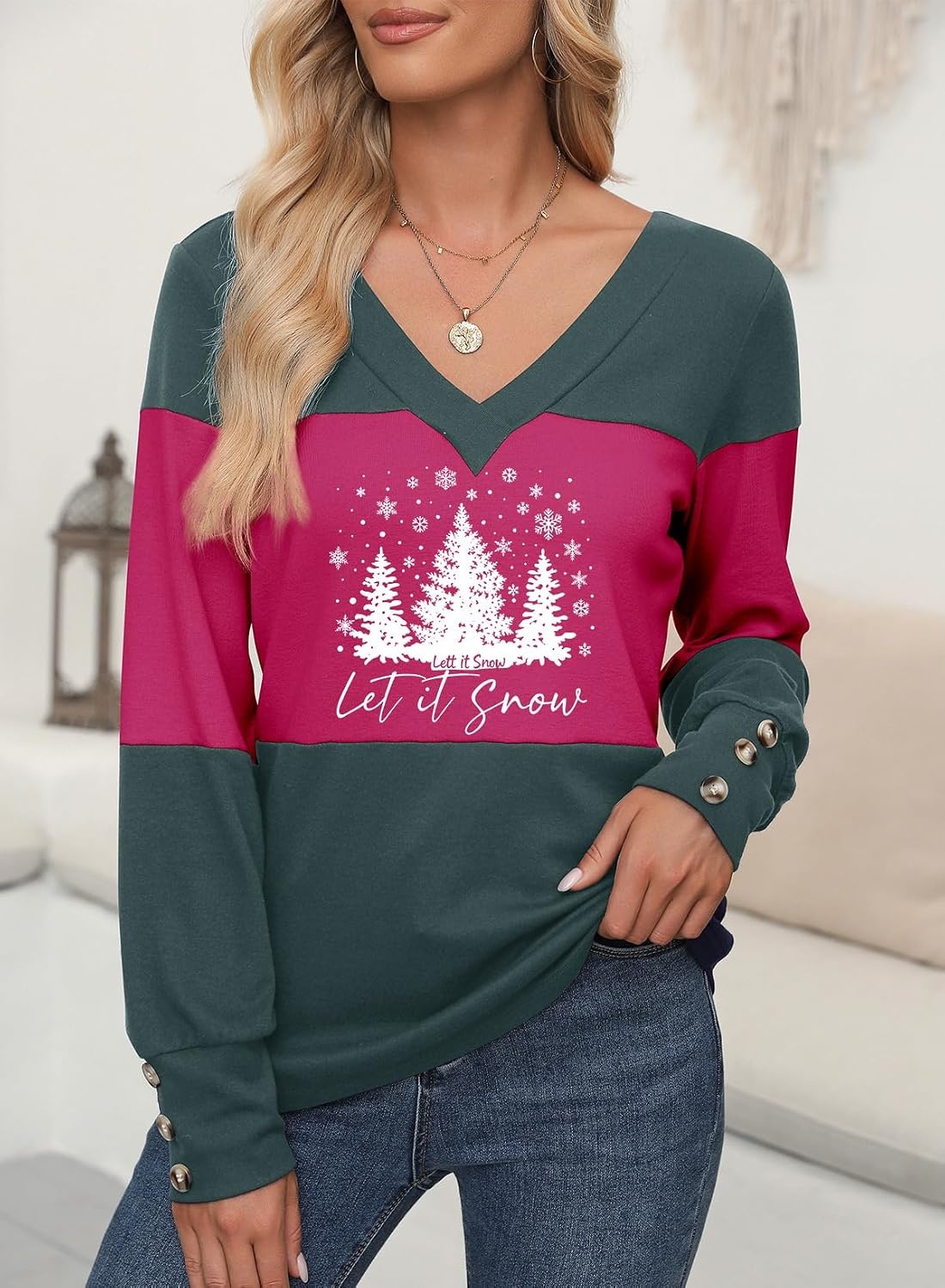 image:imageDokotoo Womens Long Sleeve Tops V Neck Color Block Pullover Casual SweaterX3 Evergreen