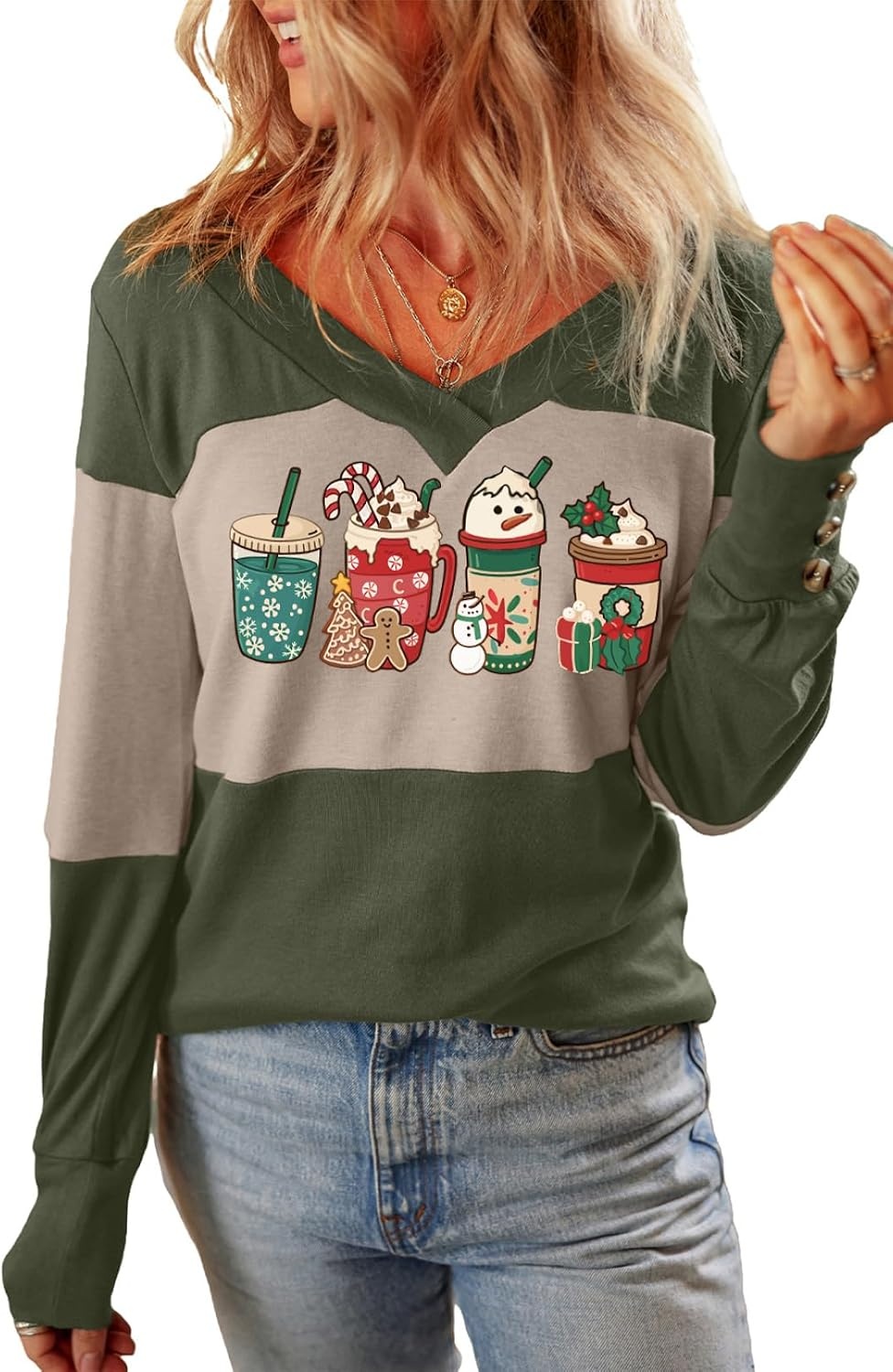 image:imageDokotoo Womens Long Sleeve Tops V Neck Color Block Pullover Casual SweaterX3 Vineyard Green