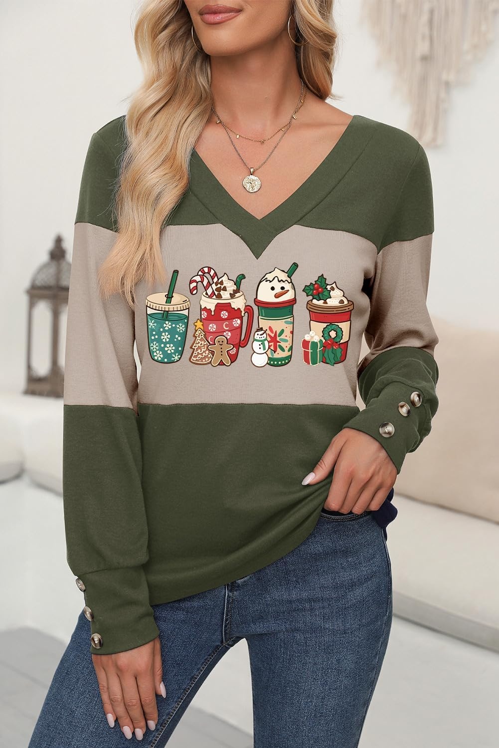 image:imageDokotoo Womens Long Sleeve Tops V Neck Color Block Pullover Casual SweaterX3 Vineyard Green