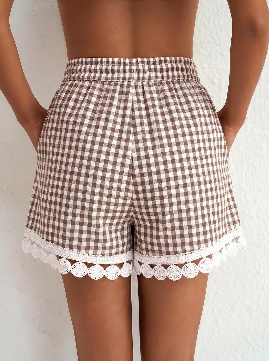 image:imageDokotoo Womens Shorts Summer Elastic Waist Wide Leg Lace Beach Cover UpsBrown Plaid