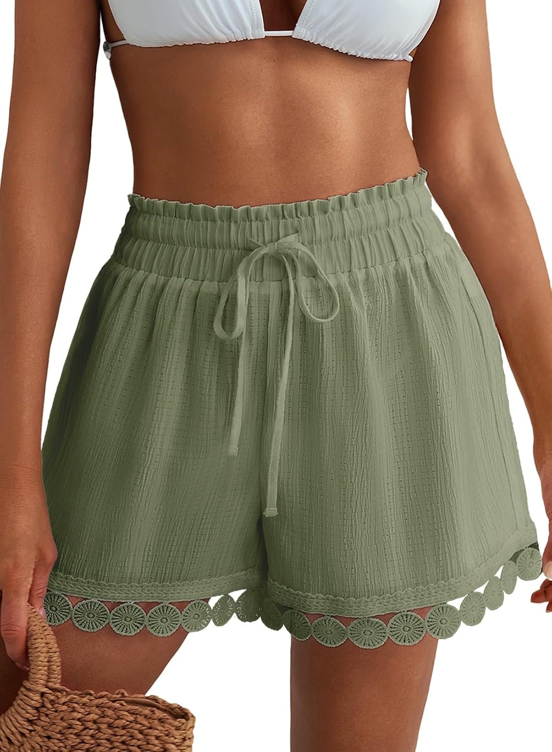 image:imageDokotoo Womens Shorts Summer Elastic Waist Wide Leg Lace Beach Cover UpsGreen
