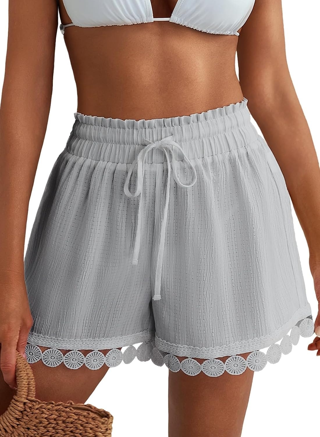 image:imageDokotoo Womens Shorts Summer Elastic Waist Wide Leg Lace Beach Cover UpsGrey