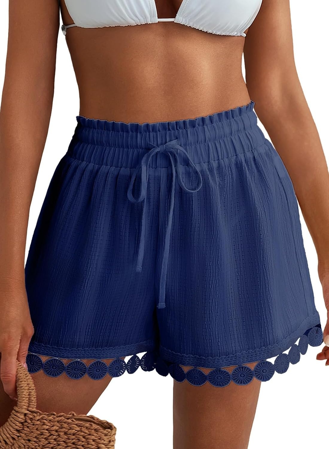 image:imageDokotoo Womens Shorts Summer Elastic Waist Wide Leg Lace Beach Cover UpsNavy Blue