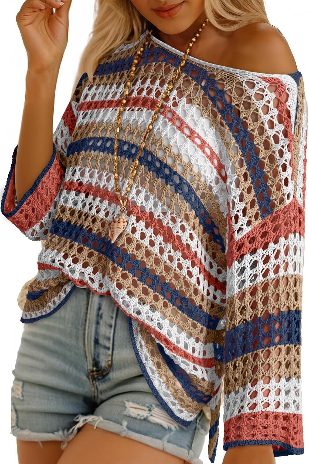 image:imageDokotoo Womens Summer Fall 34 Sleeve Crochet Sweater Hollow Out Color Block Striped Tops Casual Beach Vacation Cover UpsBeige