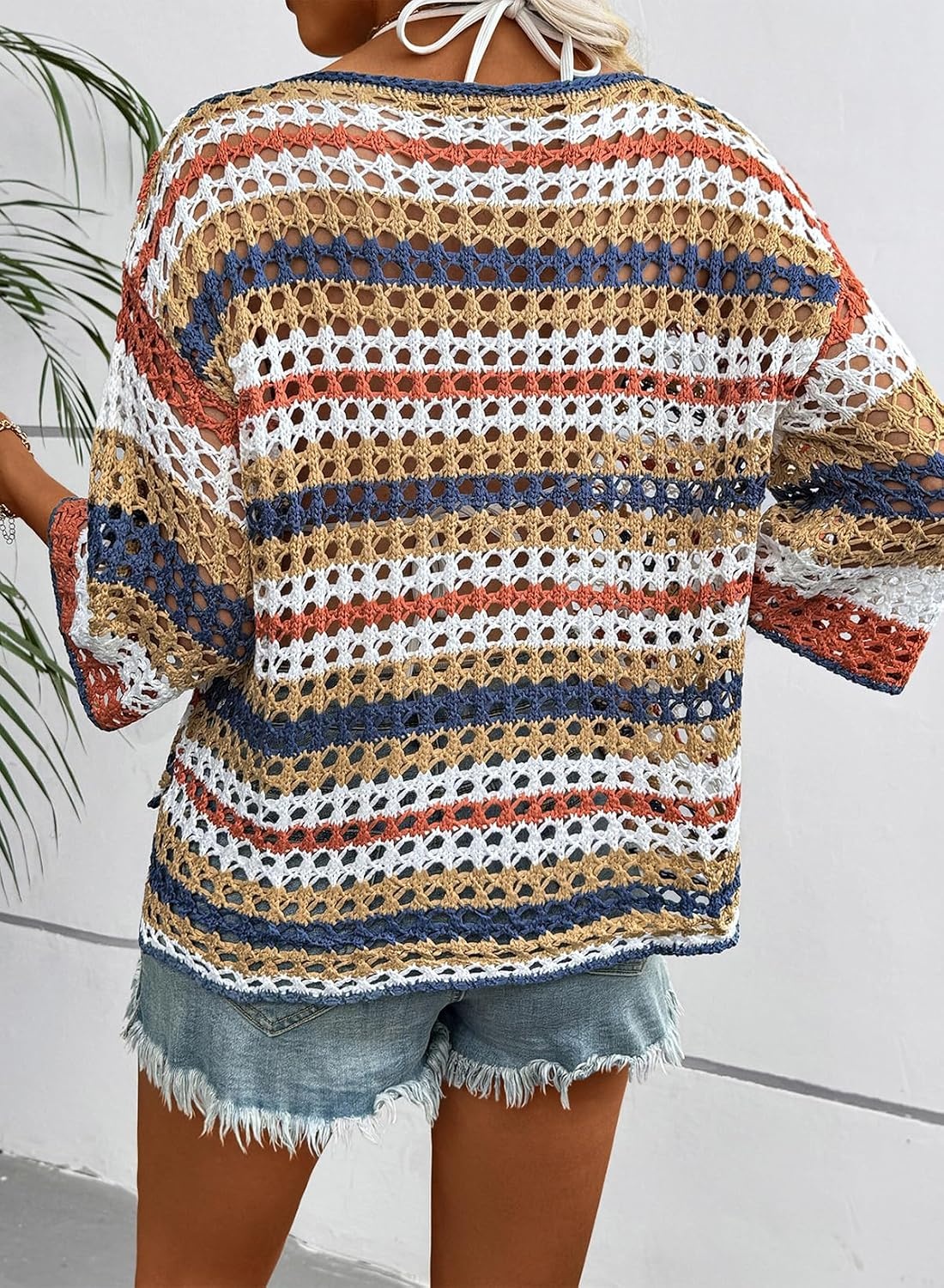 image:imageDokotoo Womens Summer Fall 34 Sleeve Crochet Sweater Hollow Out Color Block Striped Tops Casual Beach Vacation Cover UpsBeige