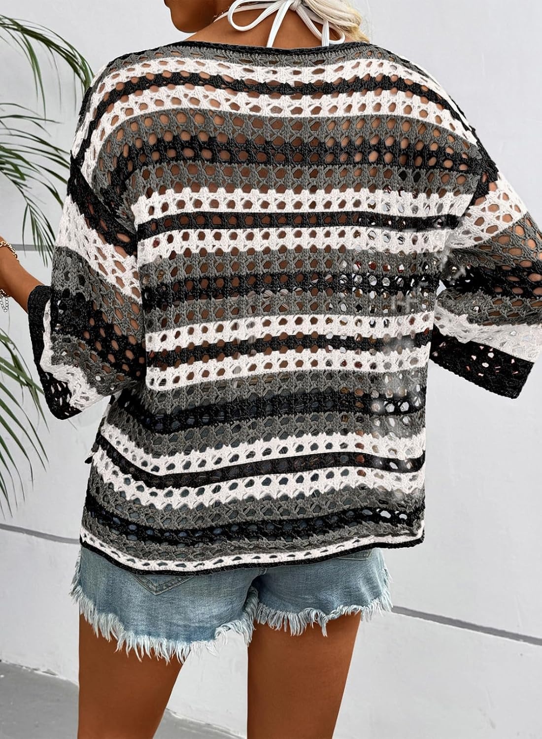 image:imageDokotoo Womens Summer Fall 34 Sleeve Crochet Sweater Hollow Out Color Block Striped Tops Casual Beach Vacation Cover UpsBlack