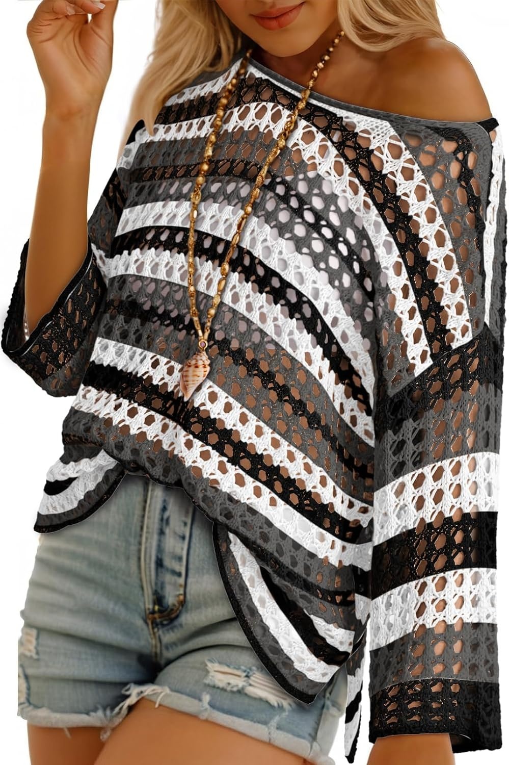 image:imageDokotoo Womens Summer Fall 34 Sleeve Crochet Sweater Hollow Out Color Block Striped Tops Casual Beach Vacation Cover UpsBlack