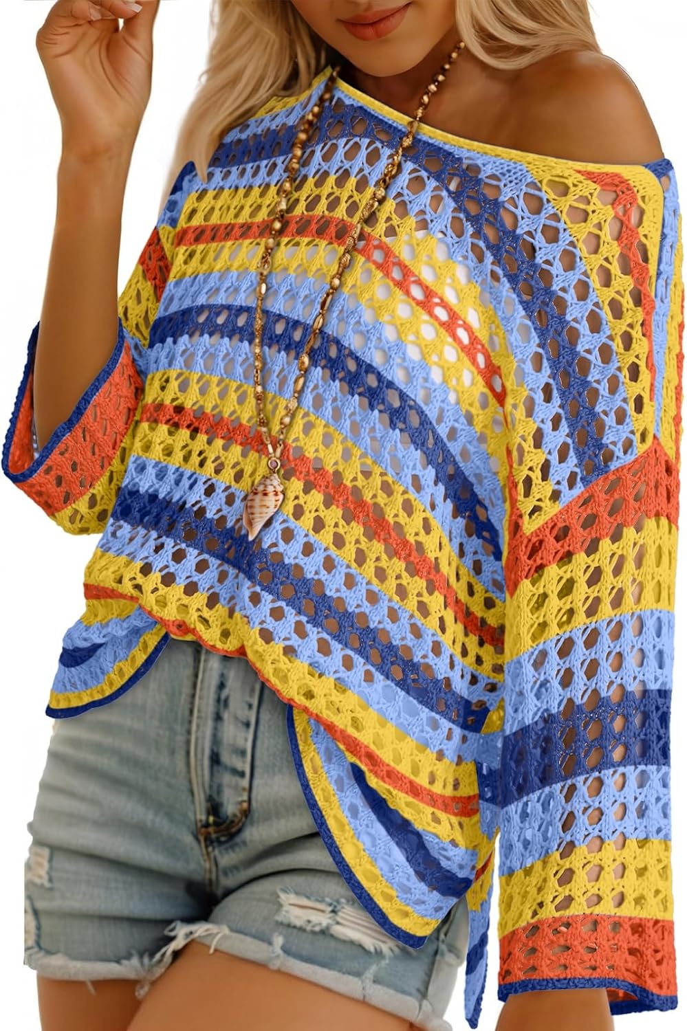 image:imageDokotoo Womens Summer Fall 34 Sleeve Crochet Sweater Hollow Out Color Block Striped Tops Casual Beach Vacation Cover UpsCarrot