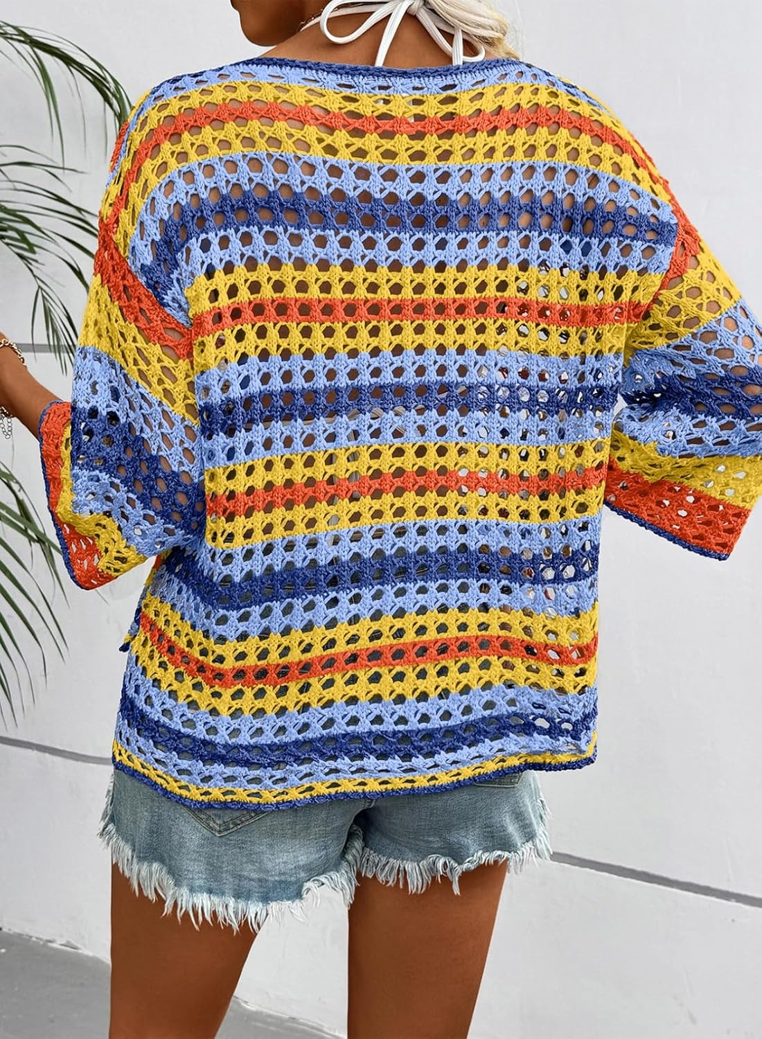 image:imageDokotoo Womens Summer Fall 34 Sleeve Crochet Sweater Hollow Out Color Block Striped Tops Casual Beach Vacation Cover UpsCarrot