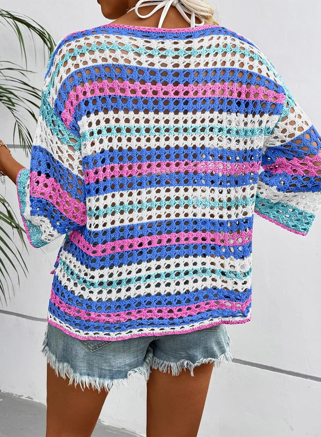 image:imageDokotoo Womens Summer Fall 34 Sleeve Crochet Sweater Hollow Out Color Block Striped Tops Casual Beach Vacation Cover UpsDark Blue