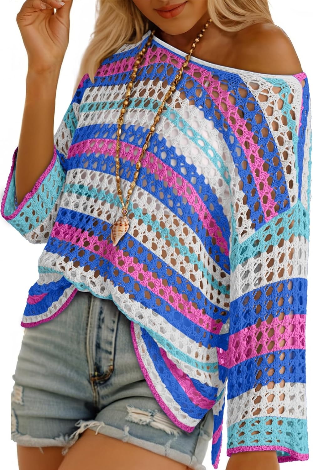 image:imageDokotoo Womens Summer Fall 34 Sleeve Crochet Sweater Hollow Out Color Block Striped Tops Casual Beach Vacation Cover UpsDark Blue