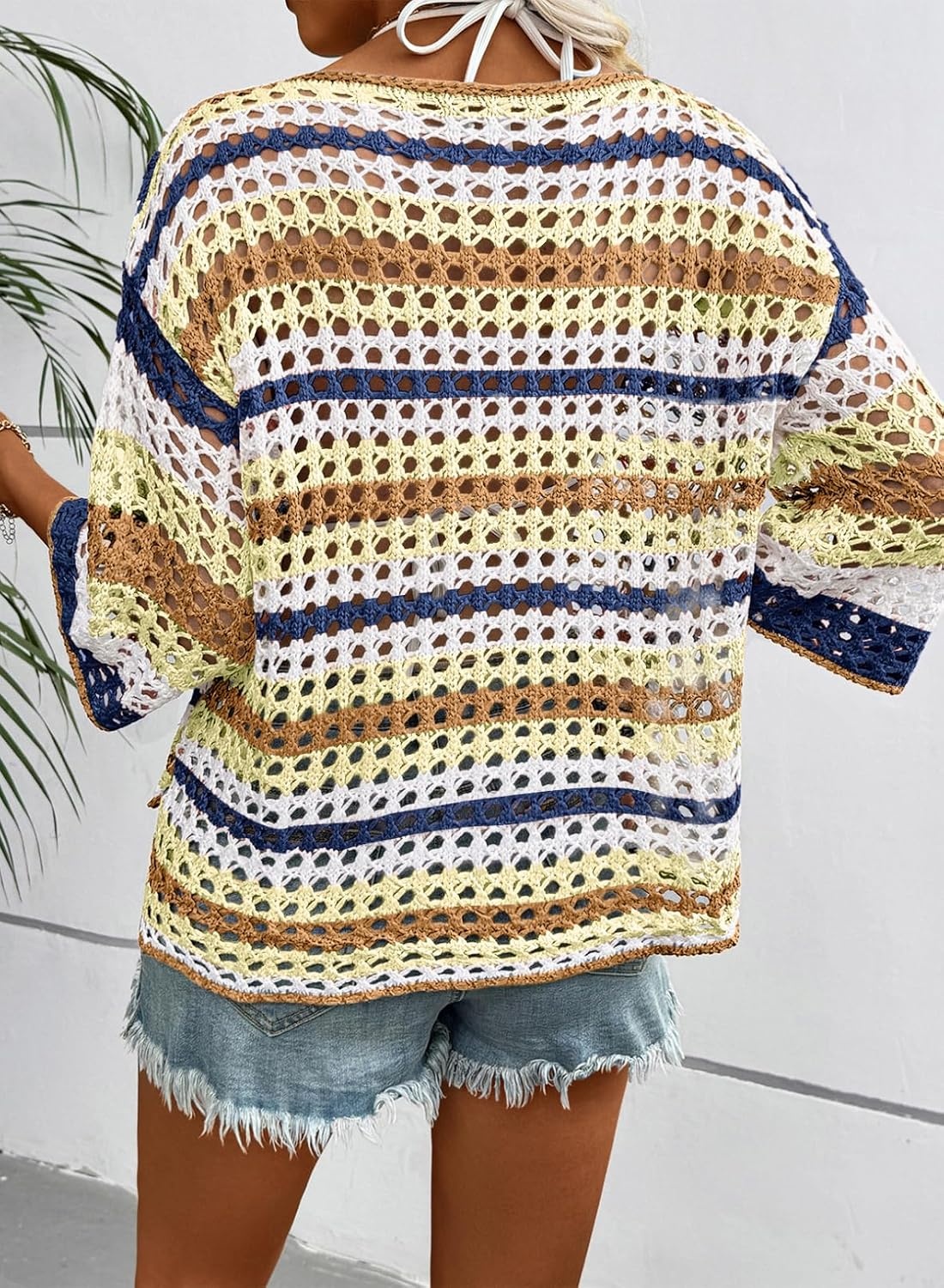 image:imageDokotoo Womens Summer Fall 34 Sleeve Crochet Sweater Hollow Out Color Block Striped Tops Casual Beach Vacation Cover UpsKhaki
