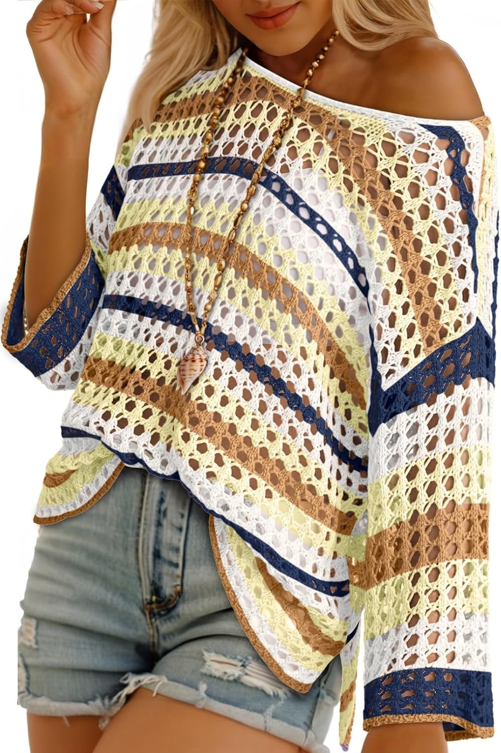 image:imageDokotoo Womens Summer Fall 34 Sleeve Crochet Sweater Hollow Out Color Block Striped Tops Casual Beach Vacation Cover UpsKhaki